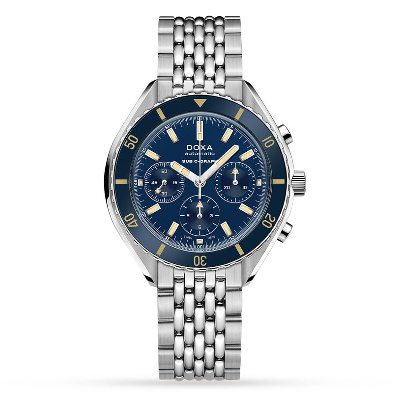 The DOXA Sub 200 C-Graph Caribbean is a stainless steel wristwatch with a blue dial, Swiss movement, chronograph function, three subdials, silver hour markers, and a metal link bracelet.