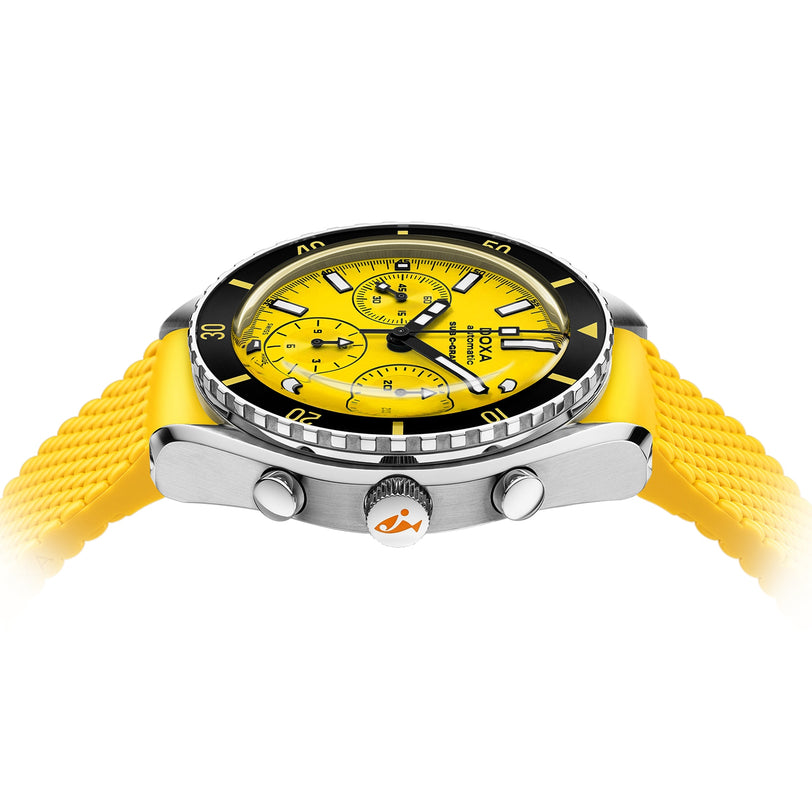 The DOXA Sub 200 C-Graph Divingstar is a stainless steel wristwatch with a yellow face, three subdials, black bezel, and yellow textured strap inspired by divers watches for style and durability. Water-resistant. Shown on a white background.
