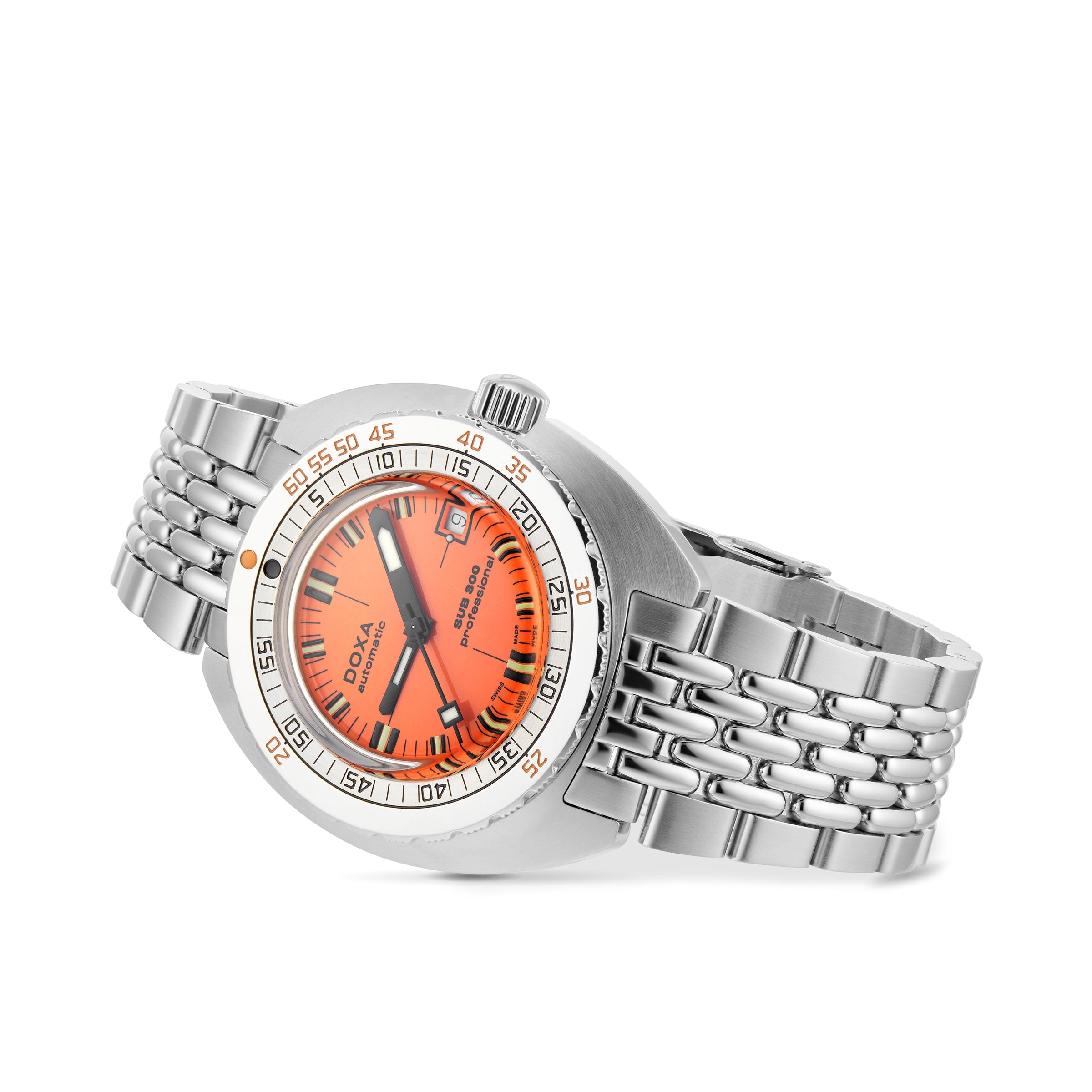 The DOXA Sub 300 Professional is a stainless steel diver’s watch with an orange dial, black hour markers, unidirectional bezel, date window, and metal link bracelet, displayed at an angle on a white background.
