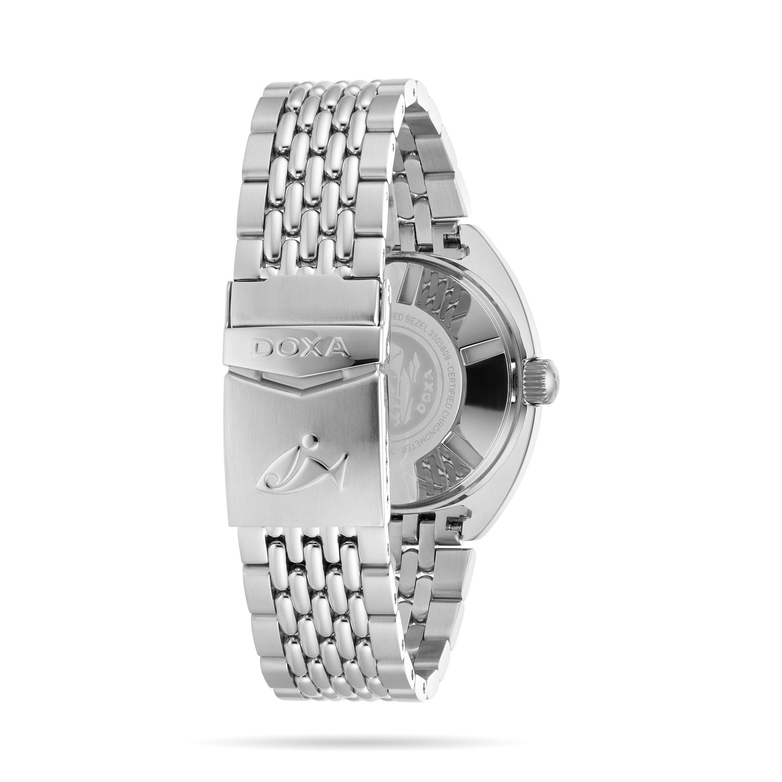 The DOXA Sub 300 Professional divers watch in stainless steel features a metal bracelet with branding on the clasp, a unidirectional bezel, and an engraved caseback highlighted in this rear view.