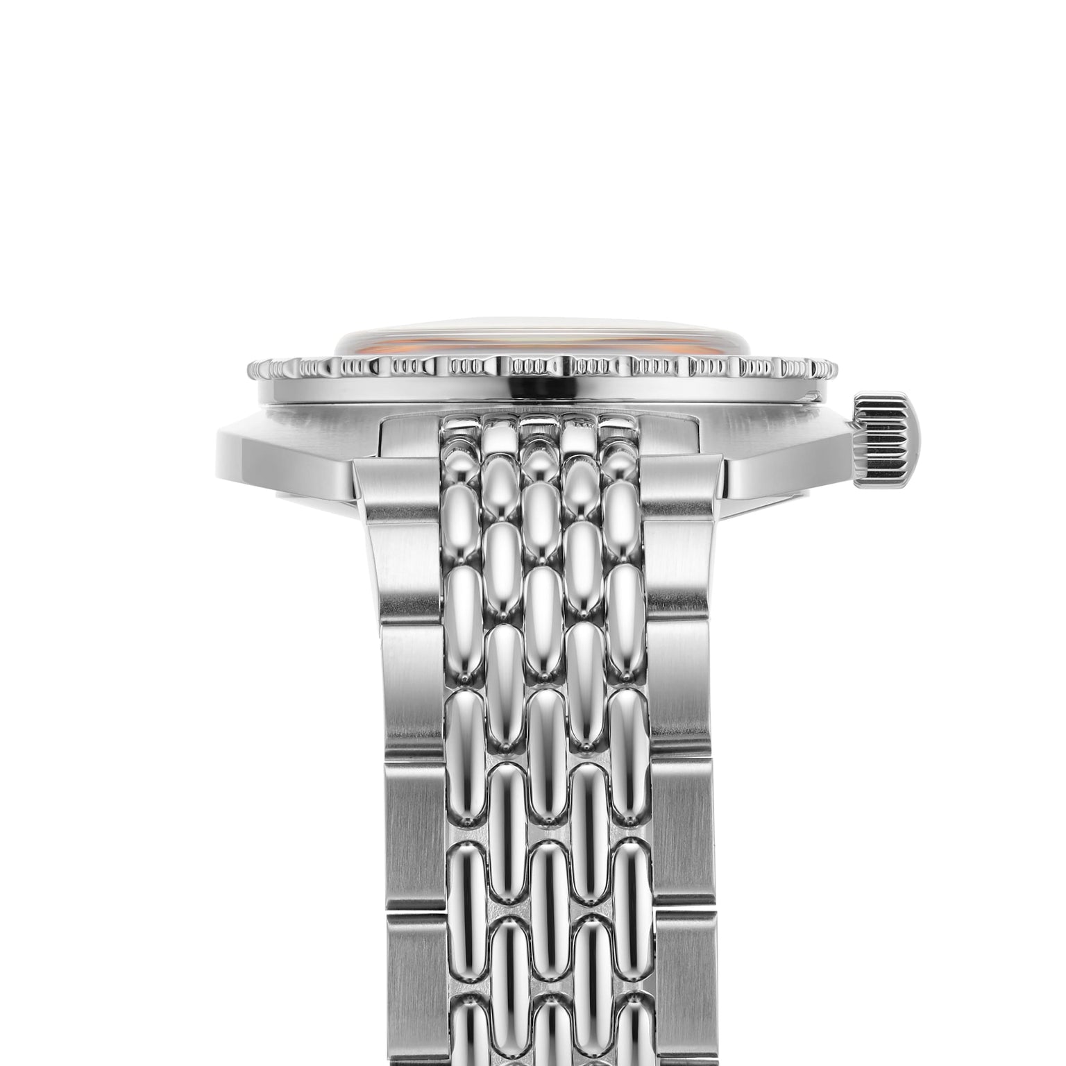 Side view of the DOXA Sub 300 Professional divers watch in silver with a metal bracelet, crown, and the edge of its unidirectional bezel against a white background.