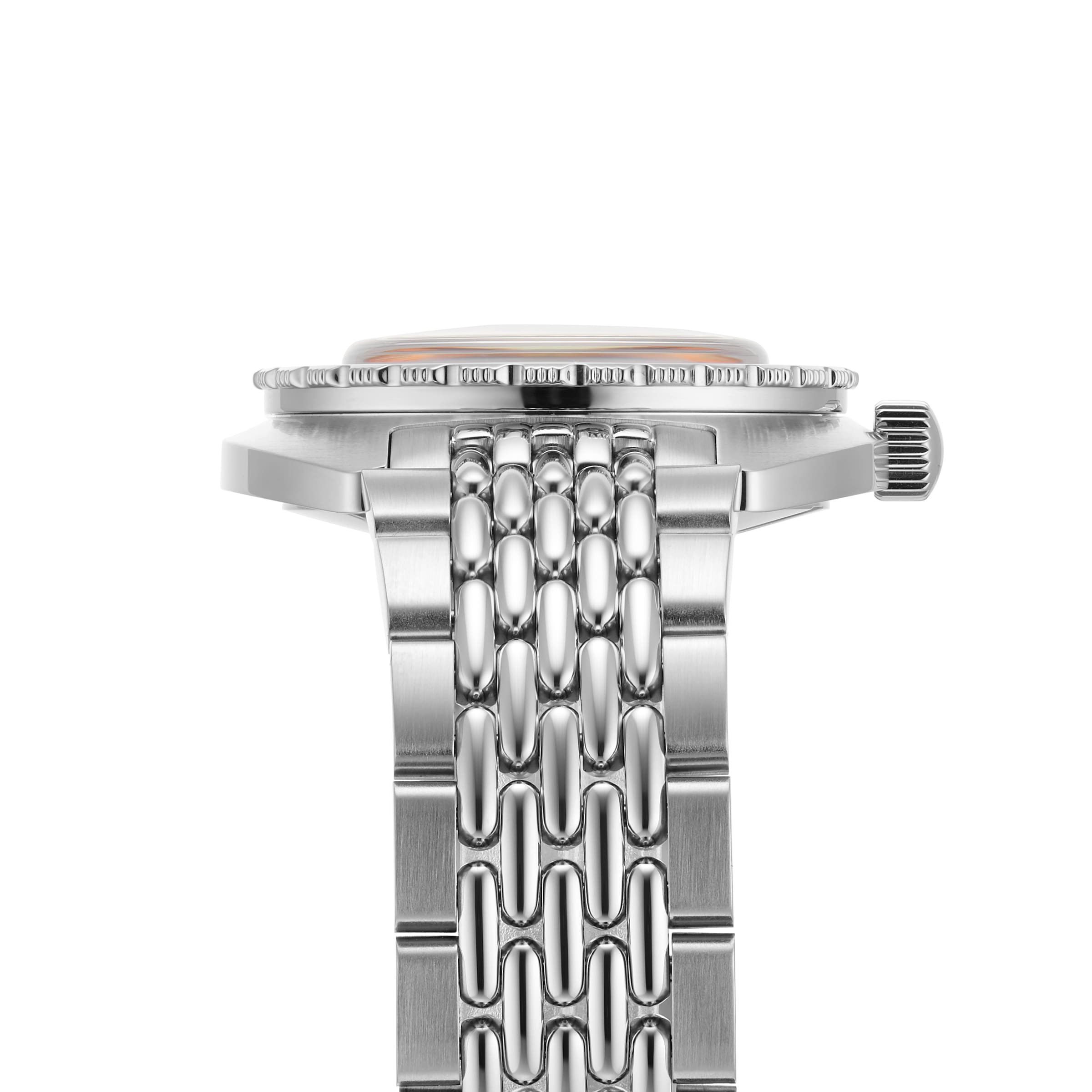 Side view of the DOXA Sub 300 Professional divers watch in silver with a metal bracelet, crown, and the edge of its unidirectional bezel against a white background.