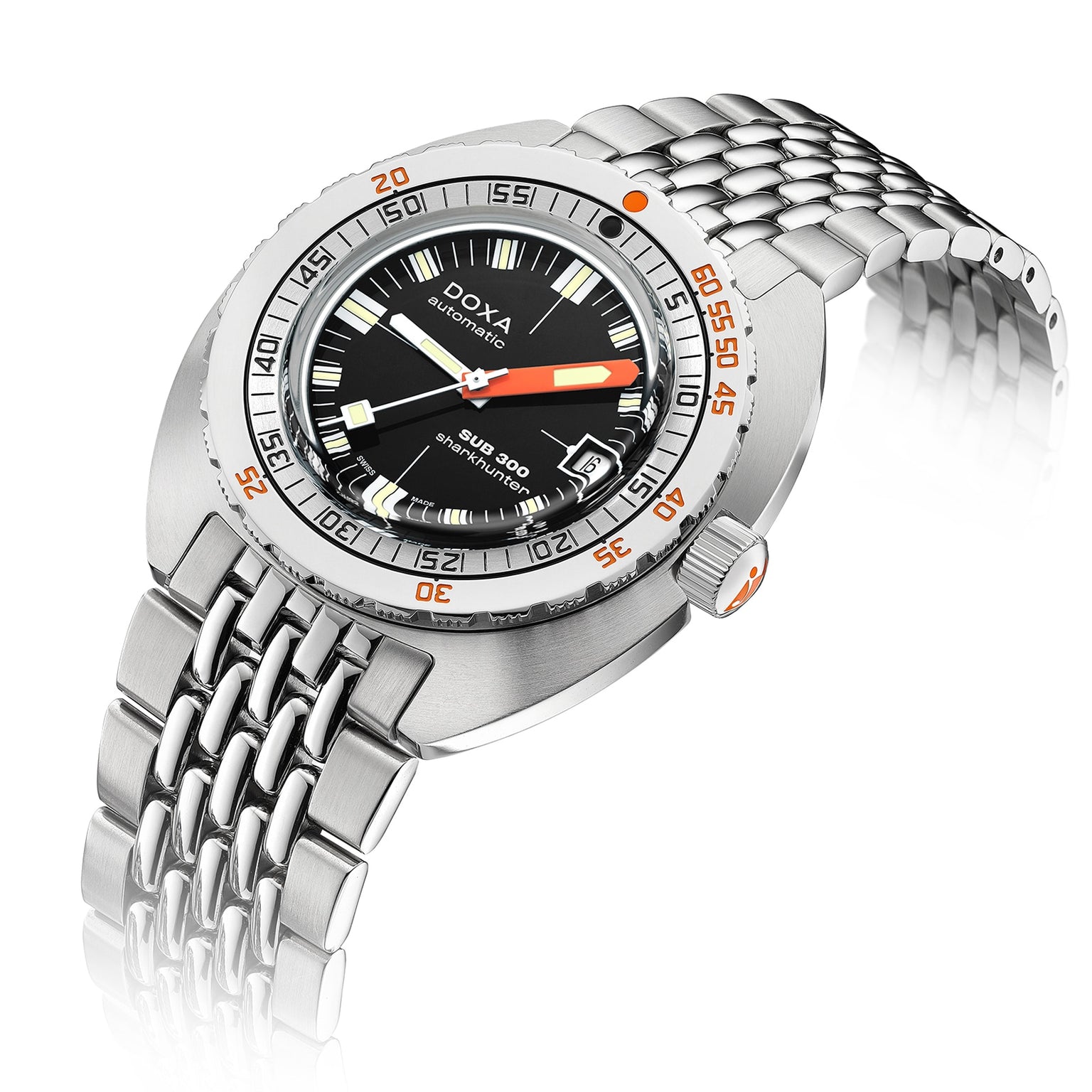 A DOXA Sub 300 Sharkhunter automatic divers watch in stainless steel, featuring a black dial with orange accents, unidirectional bezel, date display, and metal bracelet.