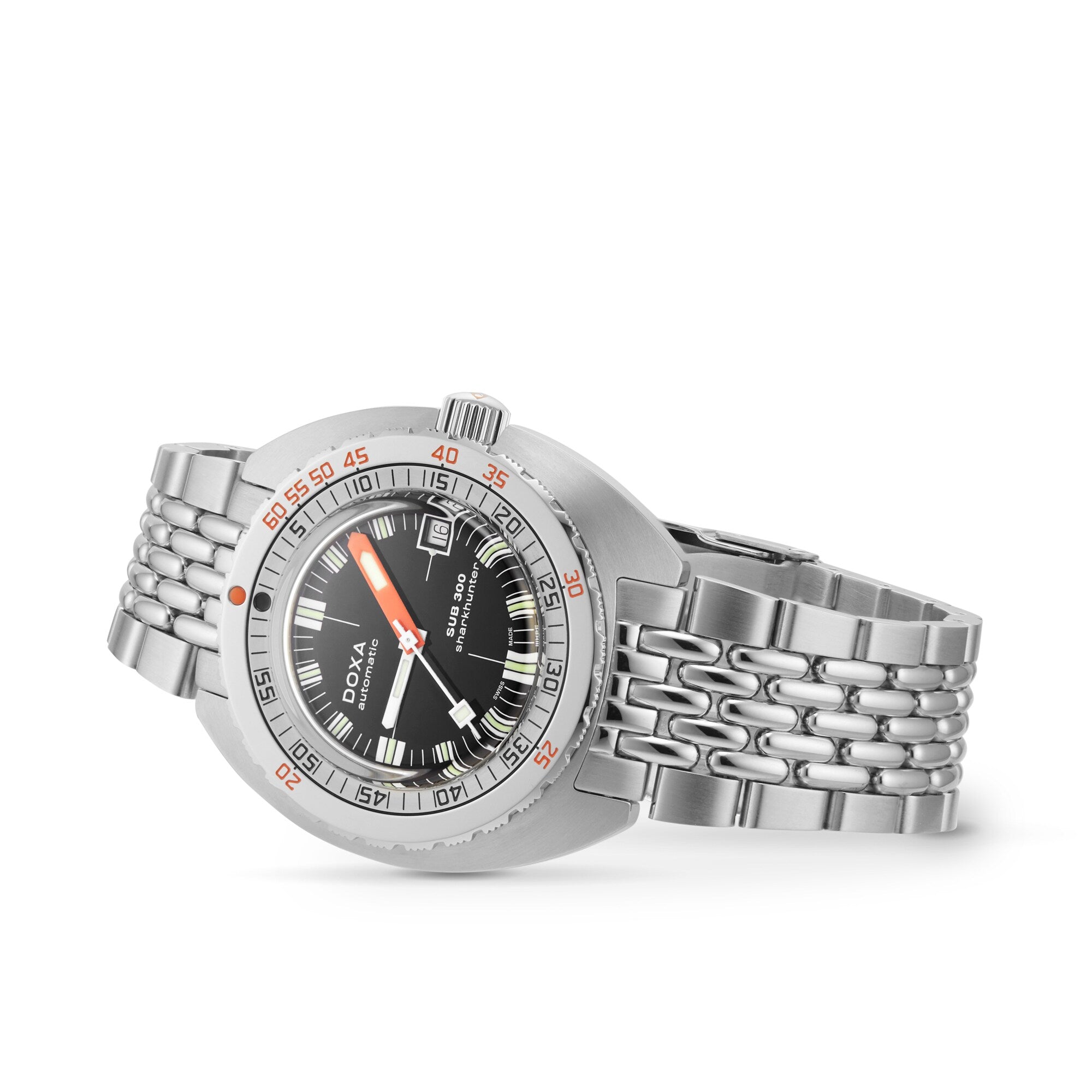 The DOXA Sub 300 Sharkhunter, a stainless steel divers watch with a black dial, orange and white markers, unidirectional bezel, date display, and metal link bracelet is shown angled on a white background.
