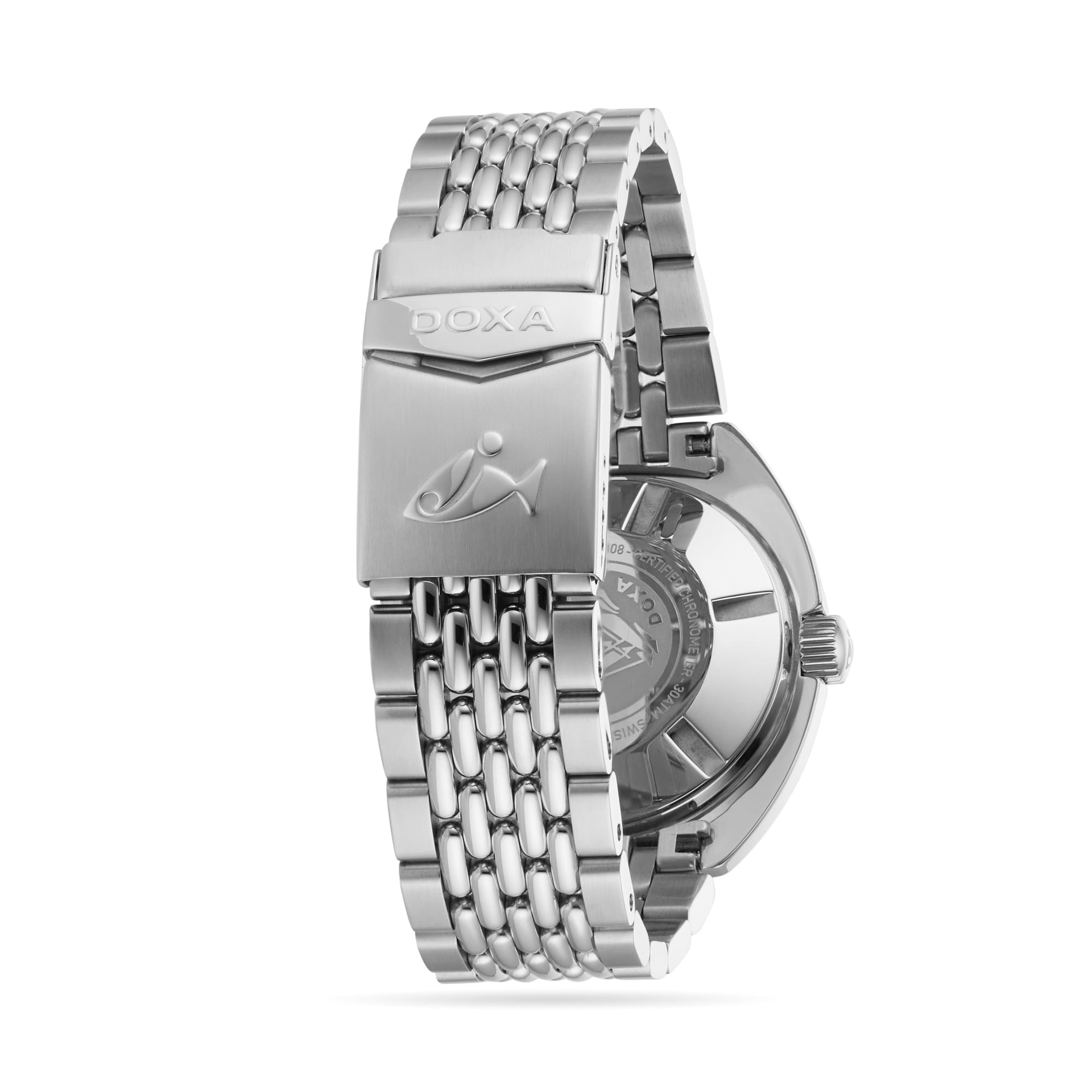 The DOXA Sub 300 Sharkhunter is a stainless steel diver’s watch featuring a polished bracelet, unidirectional bezel, engraved clasp with the DOXA logo and fish symbol, and a transparent case back showcasing the movement.