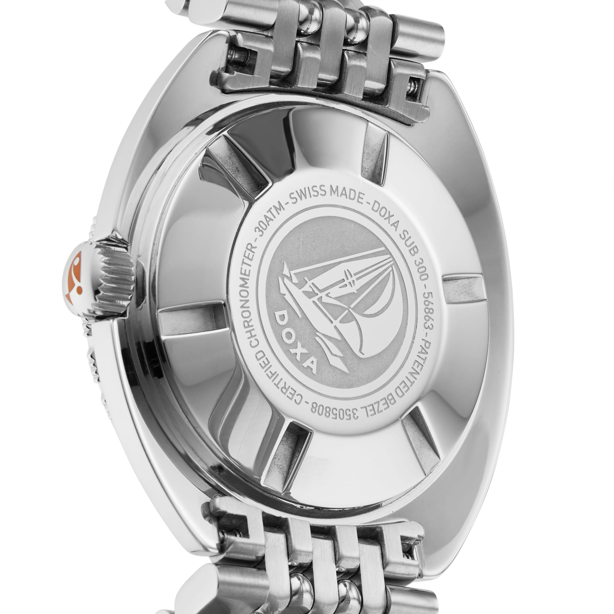 Close-up of the back of a DOXA Sub 300 Sharkhunter watch, featuring an engraved logo, COSC Certified Chronometer details, and a metal bracelet.