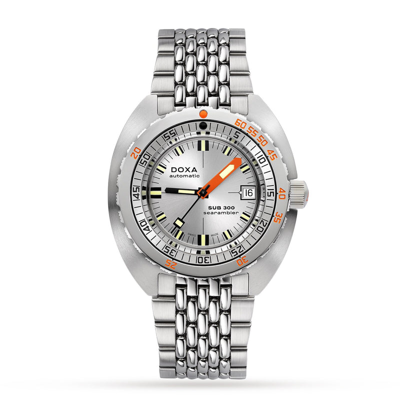 The DOXA Sub 300 Searambler is a stainless steel diver’s watch featuring a silver dial, orange accents, unidirectional bezel, date window, and metal bracelet.