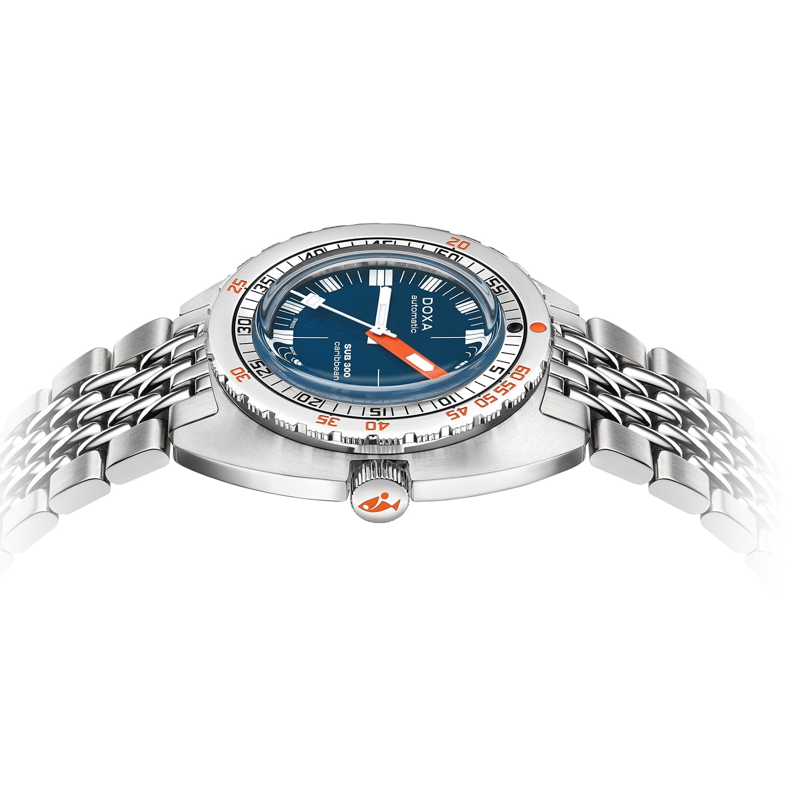 The DOXA Sub 300 Caribbean, a stainless steel divers watch with a blue dial, orange accents, unidirectional bezel, and metal bracelet, is shown from a side angle on a white background.