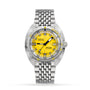 The DOXA Sub 300 Divingstar is a stainless steel diver’s watch with a yellow dial, silver indices, unidirectional bezel, date window at 3 o’clock, and a silver link bracelet.