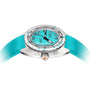 The DOXA Sub 300 Aquamarine divers watch features a turquoise dial with black indices, a matching strap, and a 316L stainless steel bezel, shown from the front at a slight angle.