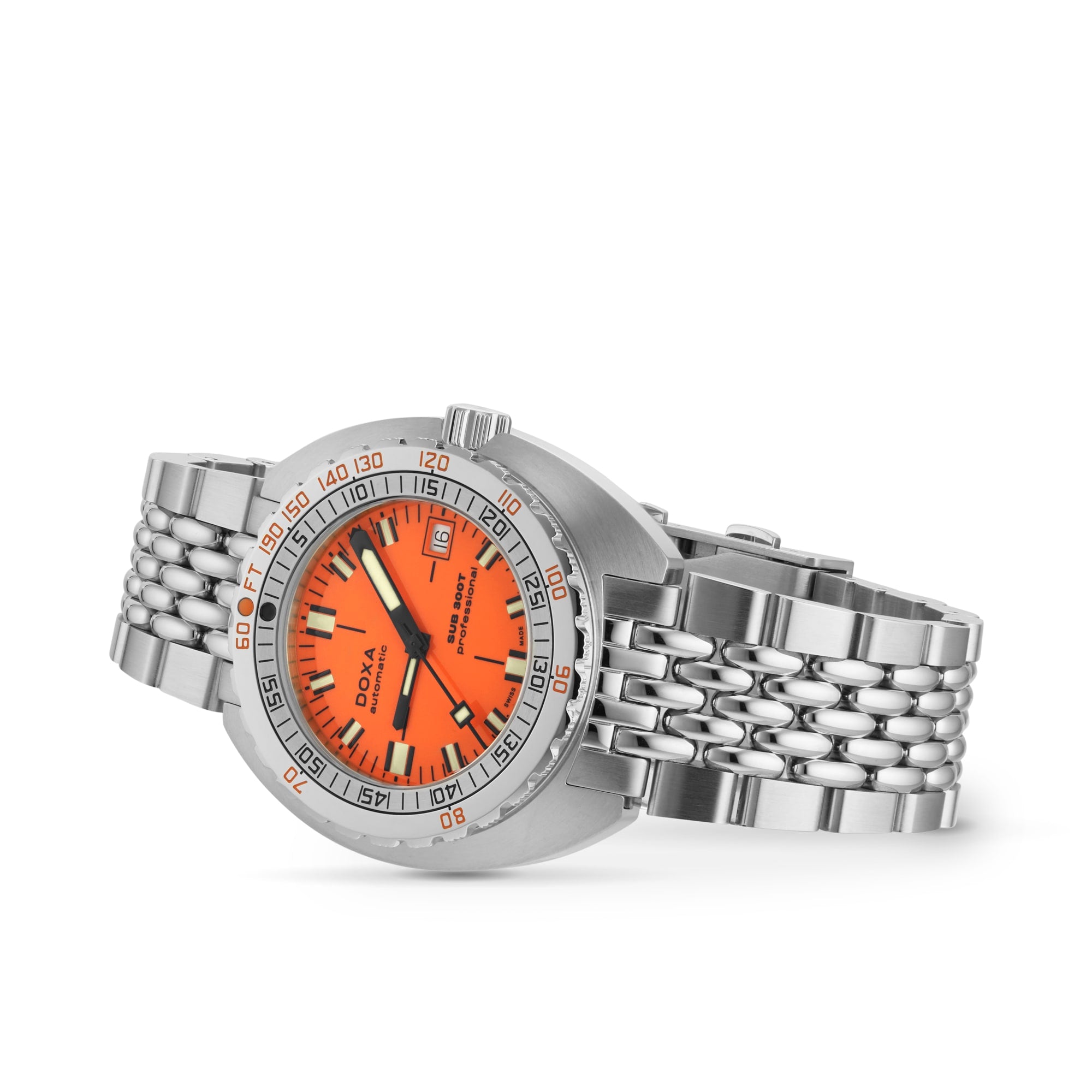 The DOXA Sub 300T Professional is a stainless steel diver’s watch with an orange dial, black and white hour markers, date display, silver metal bracelet, and a helium release valve for superior underwater performance.