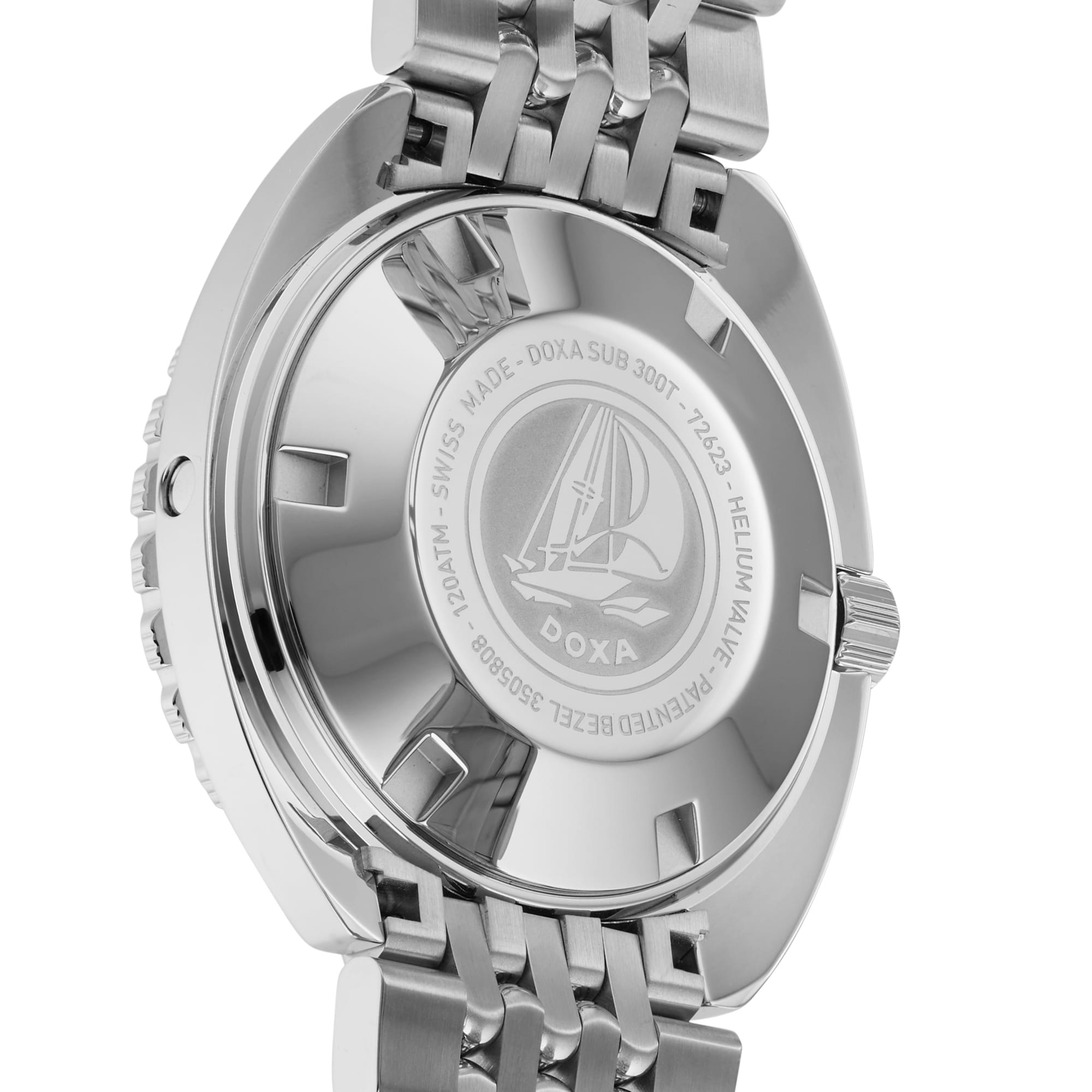 Close-up of a stainless steel DOXA Sub 300T Professional watch back engraved with a sailboat, brand name, and technical details like depth rating and helium release valve.