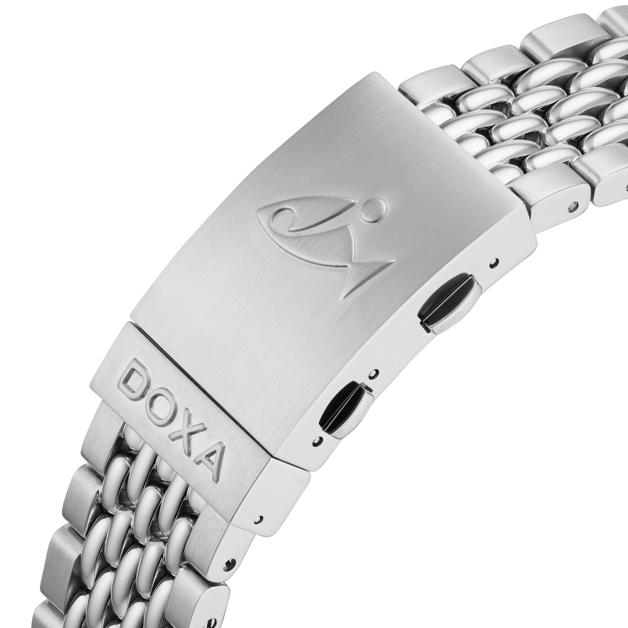 Close-up of the stainless steel clasp on the DOXA Sub 300T Professional dive watch bracelet, featuring the engraved DOXA logo and brand name.
