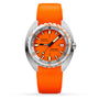 The DOXA Sub 300T Professional is a divers watch featuring an orange dial, orange rubber strap, silver bezel, black and white hour markers, and Super-LumiNova for enhanced underwater visibility.