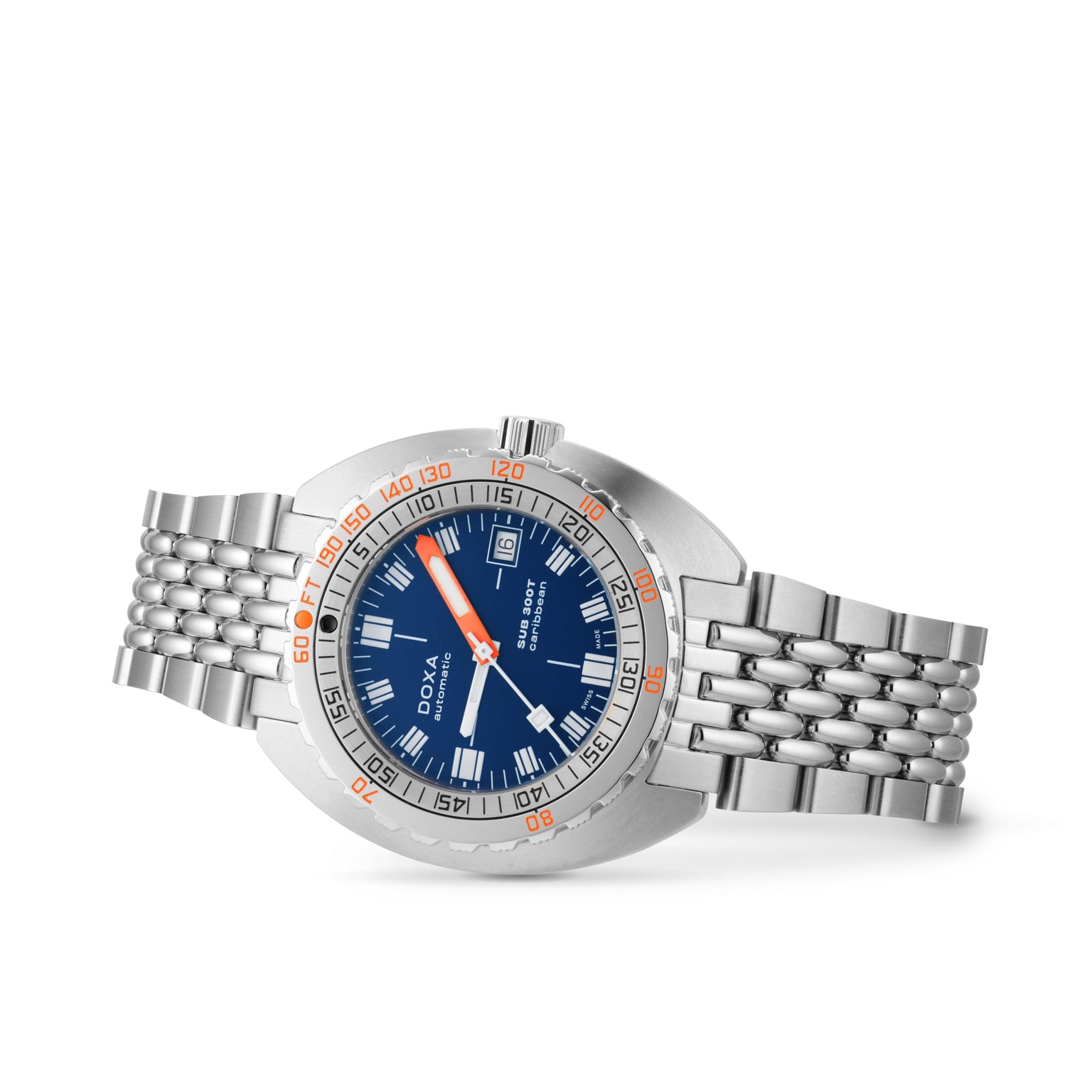 The DOXA Sub 300T Caribbean is a stainless steel divers watch with a blue dial, orange accents, date window, and metal link bracelet.