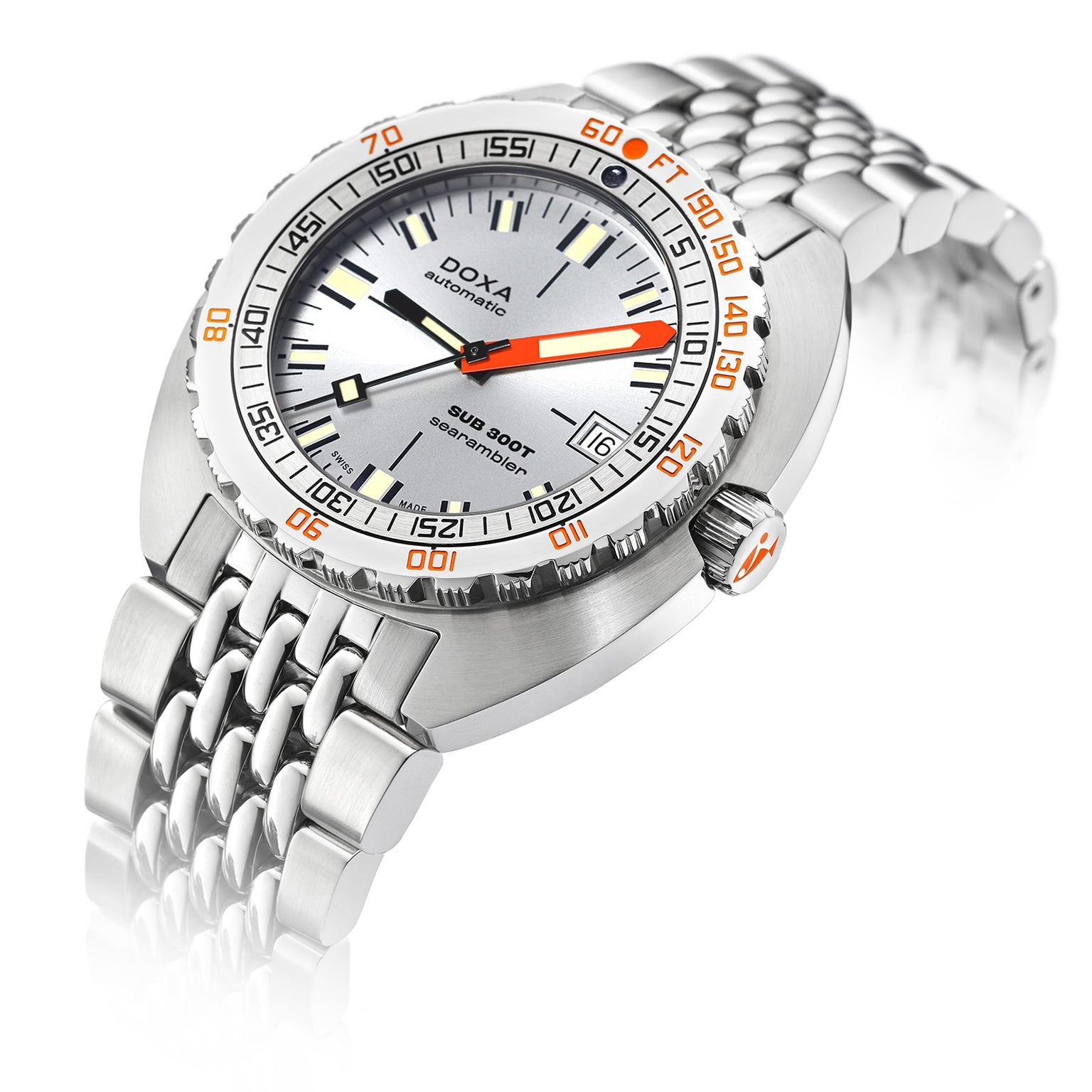 The DOXA Sub 300T Searambler is a stainless steel diver’s watch with a scratch-resistant sapphire crystal, silver dial, orange minute hand, date window, and chunky metal bracelet, shown on a white background.