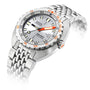 The DOXA Sub 300T Searambler is a stainless steel diver’s watch with a scratch-resistant sapphire crystal, silver dial, orange minute hand, date window, and chunky metal bracelet, shown on a white background.
