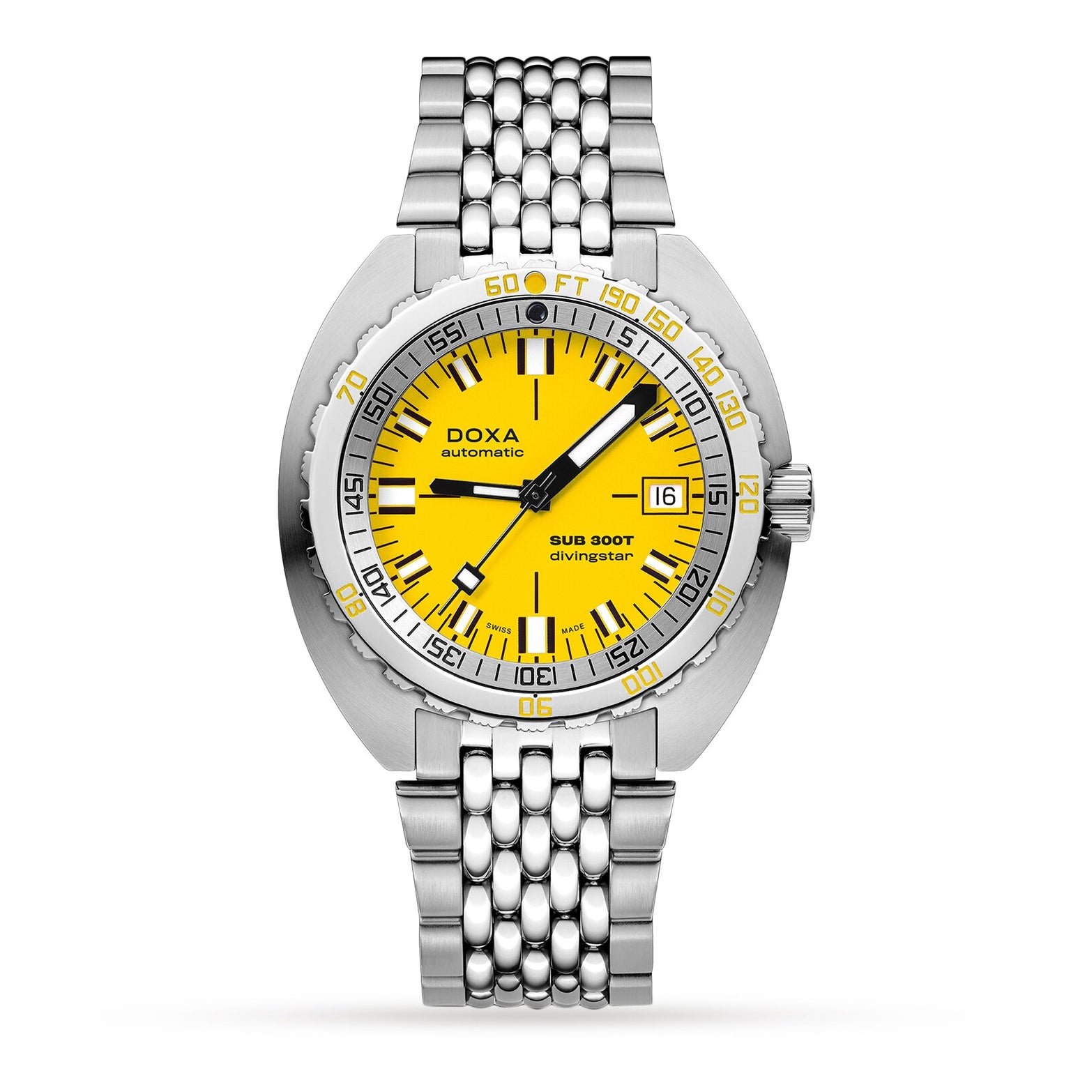 The DOXA Sub 300T Divingstar is a stainless steel diver’s watch with a bright yellow dial, date window at 3 o’clock, silver metal bracelet, automatic movement, and a helium release valve for reliable professional diving.