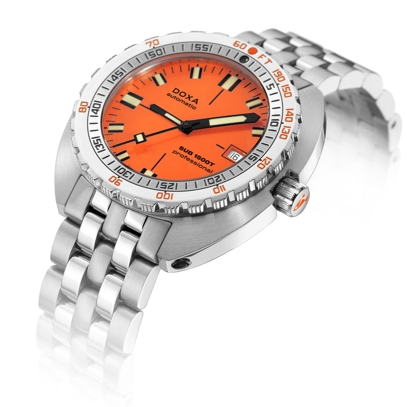 The DOXA Sub 1500T Professional is a stainless steel diver’s watch with an orange dial, silver bezel, metal bracelet, and helium release valve. Shown angled on a white background.