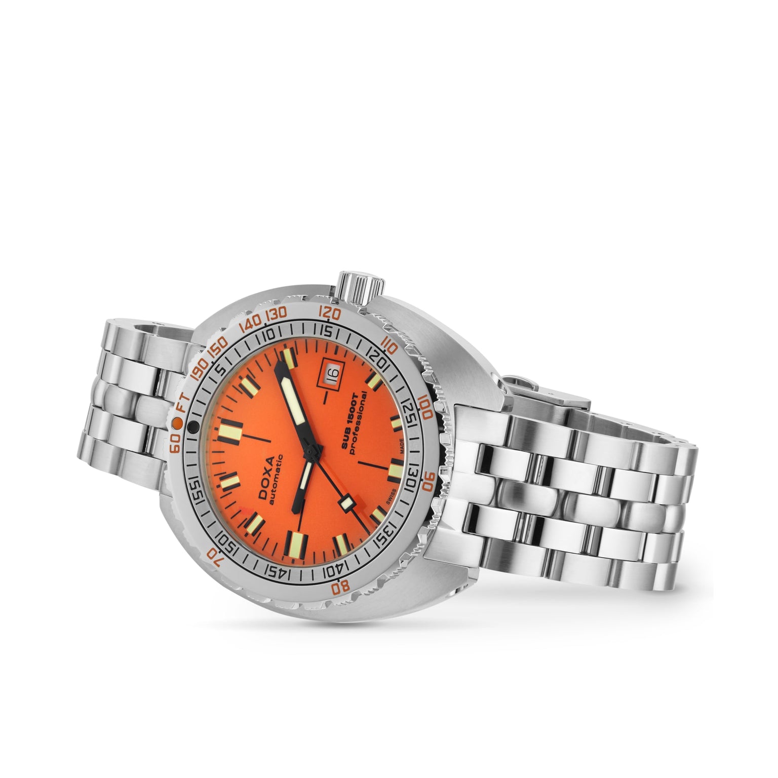 The DOXA Sub 1500T Professional is a silver stainless steel divers watch with an orange dial, black hour markers, date at 3 o’clock, helium release valve, metal link bracelet, and 1500m water resistance. Photographed on white background.