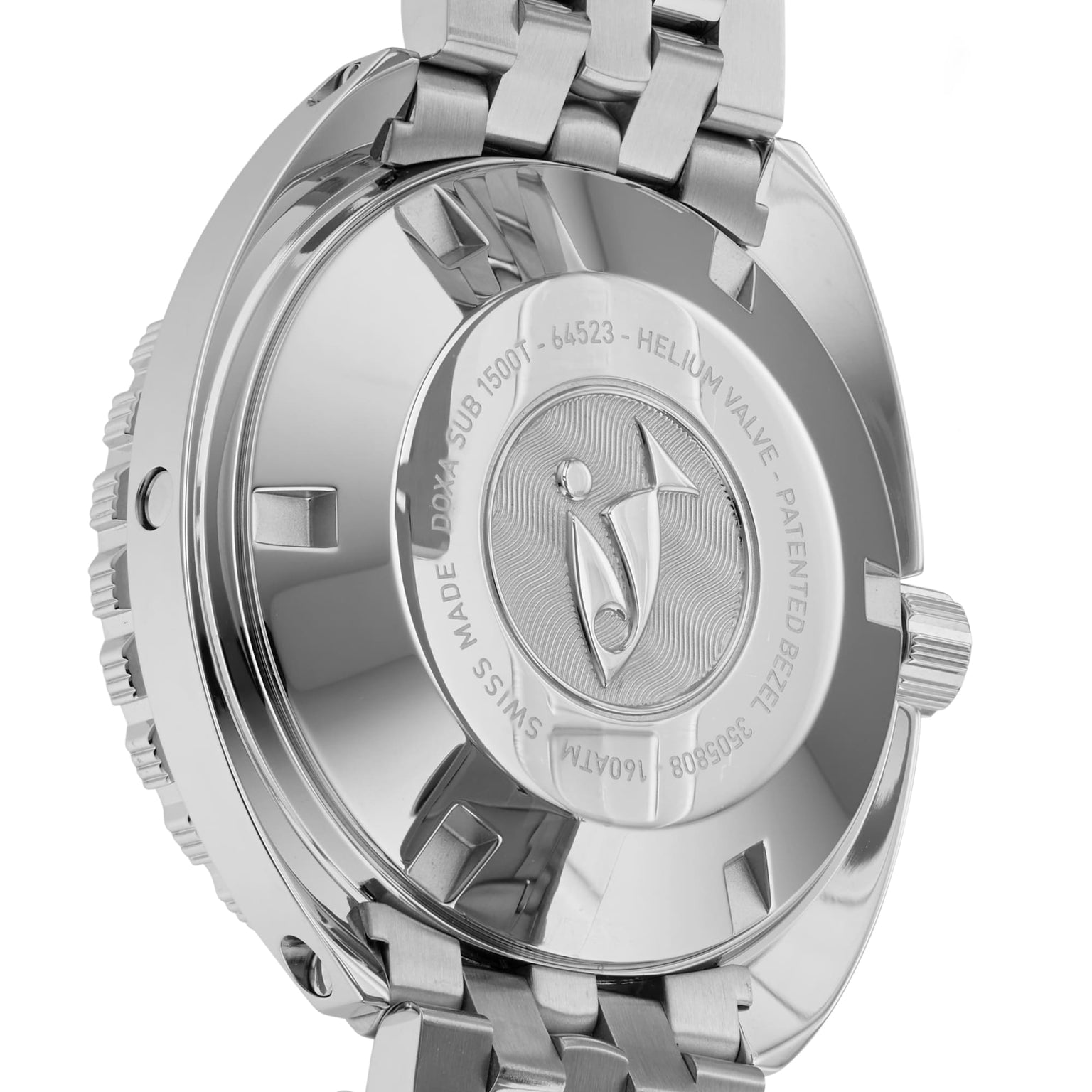 Close-up of the DOXA Sub 1500T Professional’s stainless steel case back with engraved text and logo, featuring a helium release valve for dives up to 1500 meters and a durable metal link bracelet.