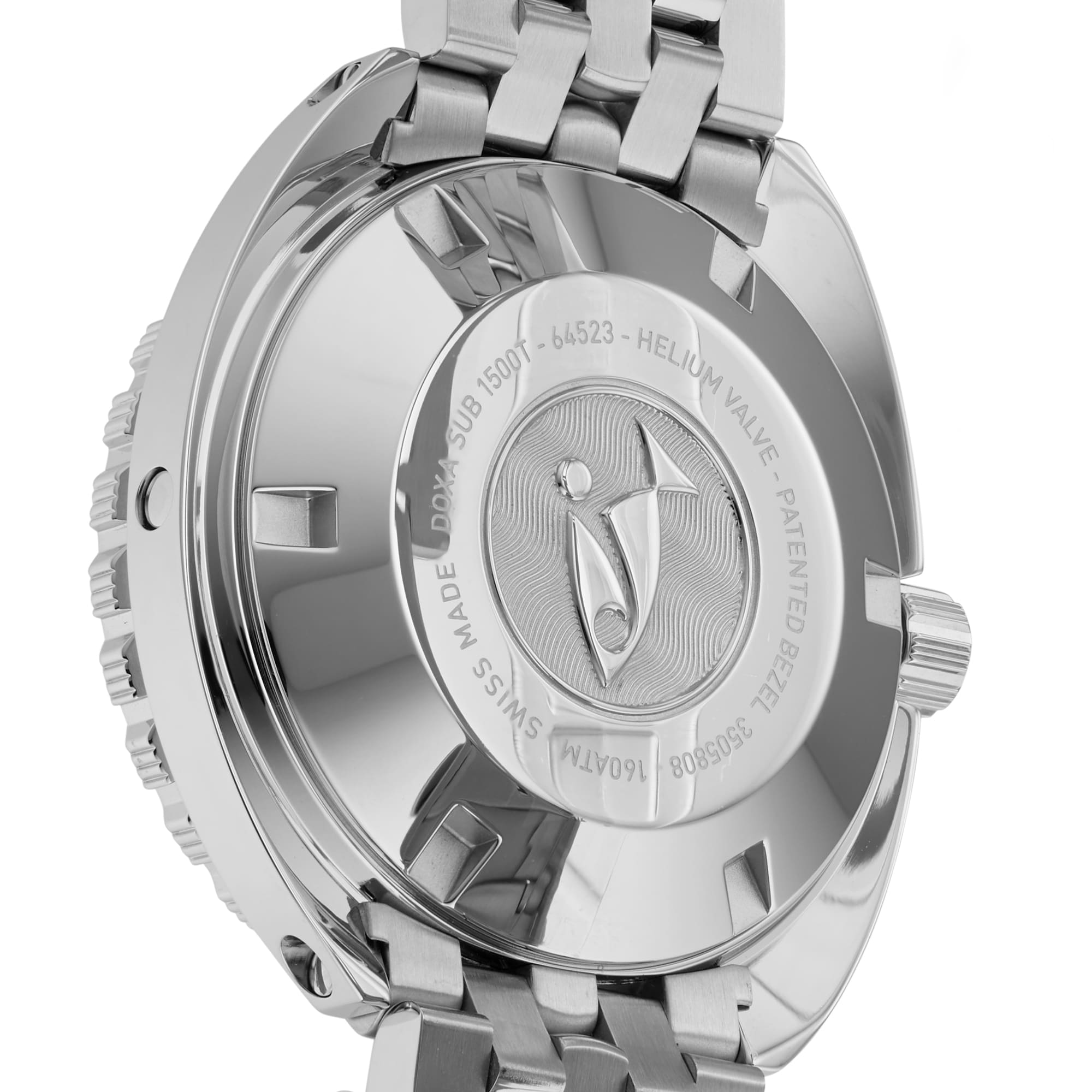 Close-up of the DOXA Sub 1500T Professional’s stainless steel case back with engraved text and logo, featuring a helium release valve for dives up to 1500 meters and a durable metal link bracelet.