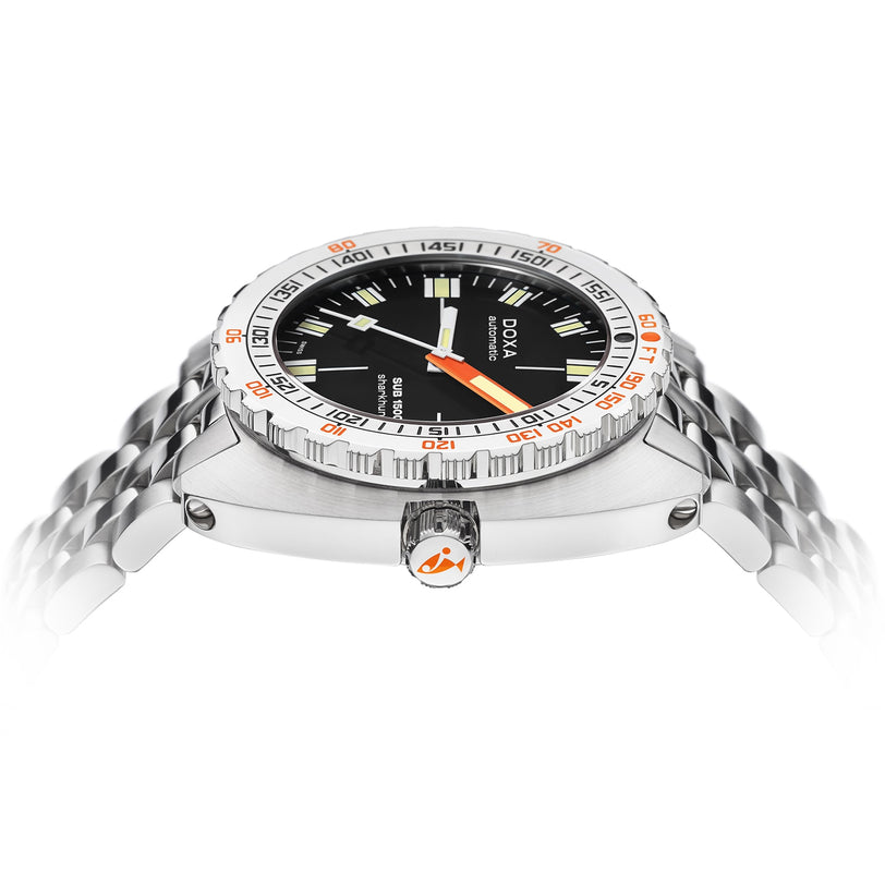 Side view of the DOXA Sub 1500T Sharkhunter, a silver stainless steel divers watch with a black dial, orange accents, metal bracelet, and an orange logo crown. The dial features Super-LumiNova® for enhanced visibility.