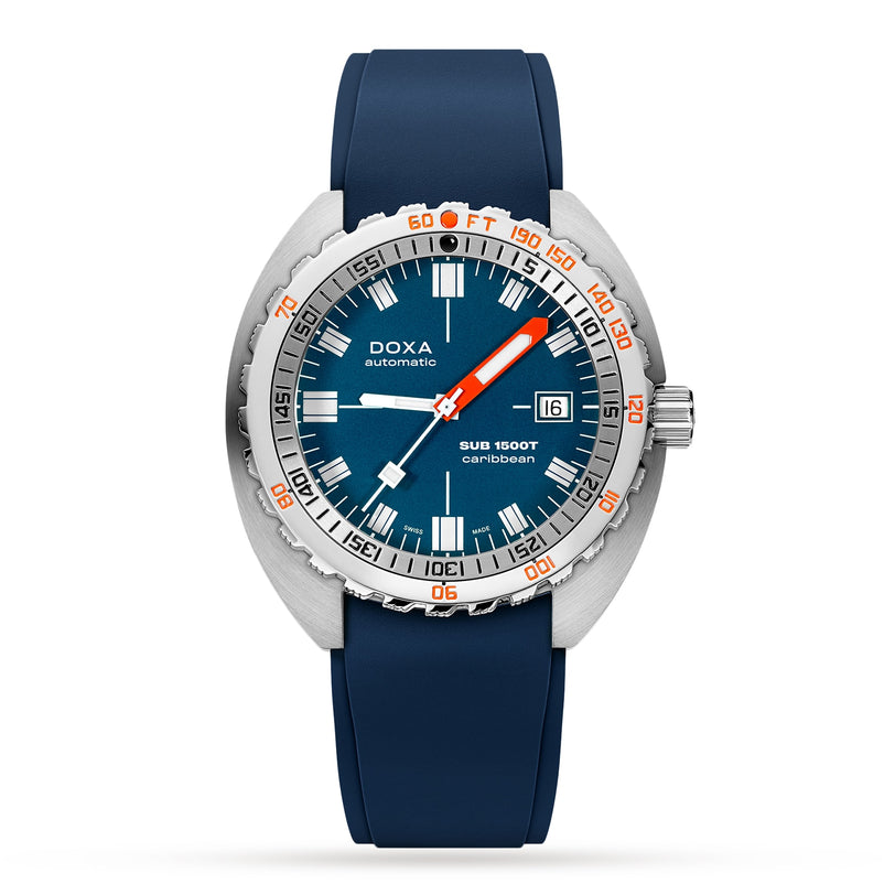 The DOXA Sub 1500T Caribbean automatic divers watch features a round blue face, orange accents, helium release valve, date at 3 oclock, and a matching blue rubber strap, displayed on a white background.