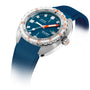 The DOXA Sub 1500T Caribbean is a blue diver’s watch with an orange-accented bezel, blue rubber strap, stainless steel case, date window at 3 oclock, helium release valve, and is water resistant to 1500 meters.