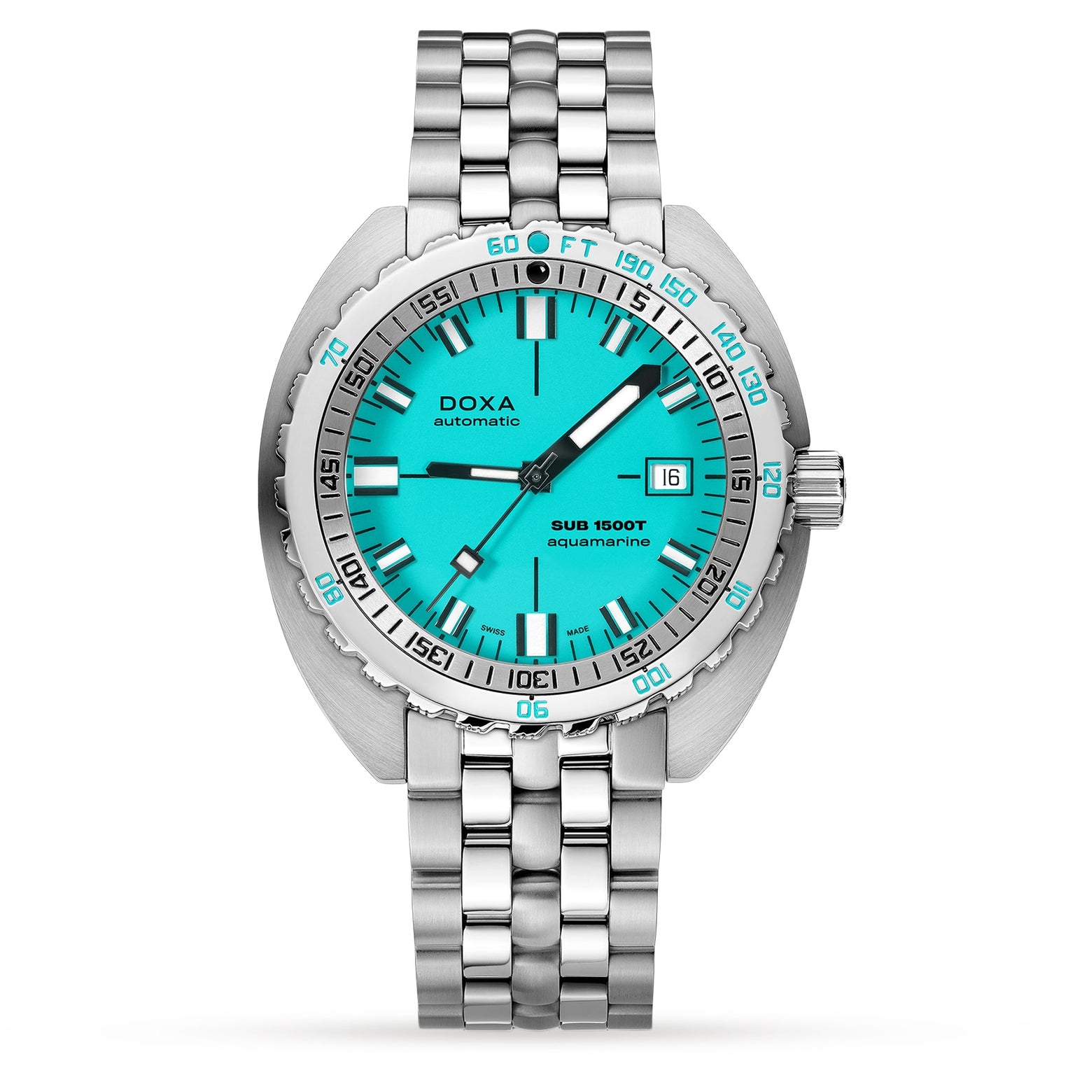 The DOXA Sub 1500T Aquamarine is a silver divers watch with an aquamarine dial, date window at 3 o’clock, Super-LumiNova® coating, and a metal bracelet.