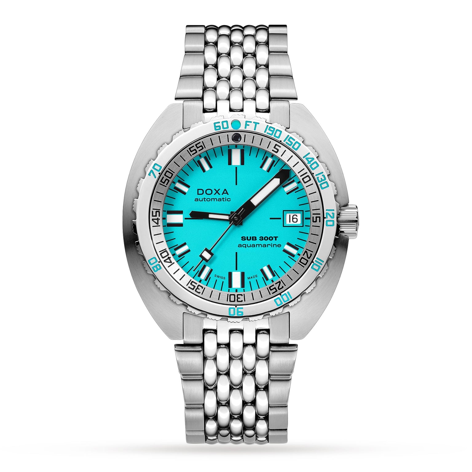 The DOXA Sub 300T Aquamarine is a stainless steel diver’s watch with an aquamarine dial, date at 3 o’clock, helium release valve, metal link bracelet, and a bezel showing depth in feet and meters.