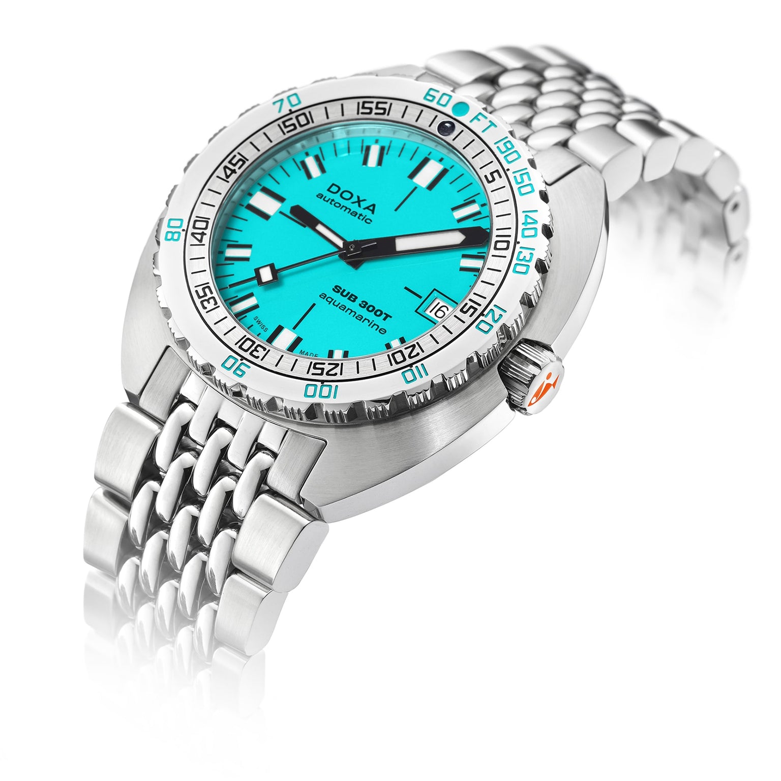 The DOXA Sub 300T Aquamarine is a stainless steel divers watch with an aquamarine dial, silver bezel, metal bracelet, and bold black and white indices and hands.