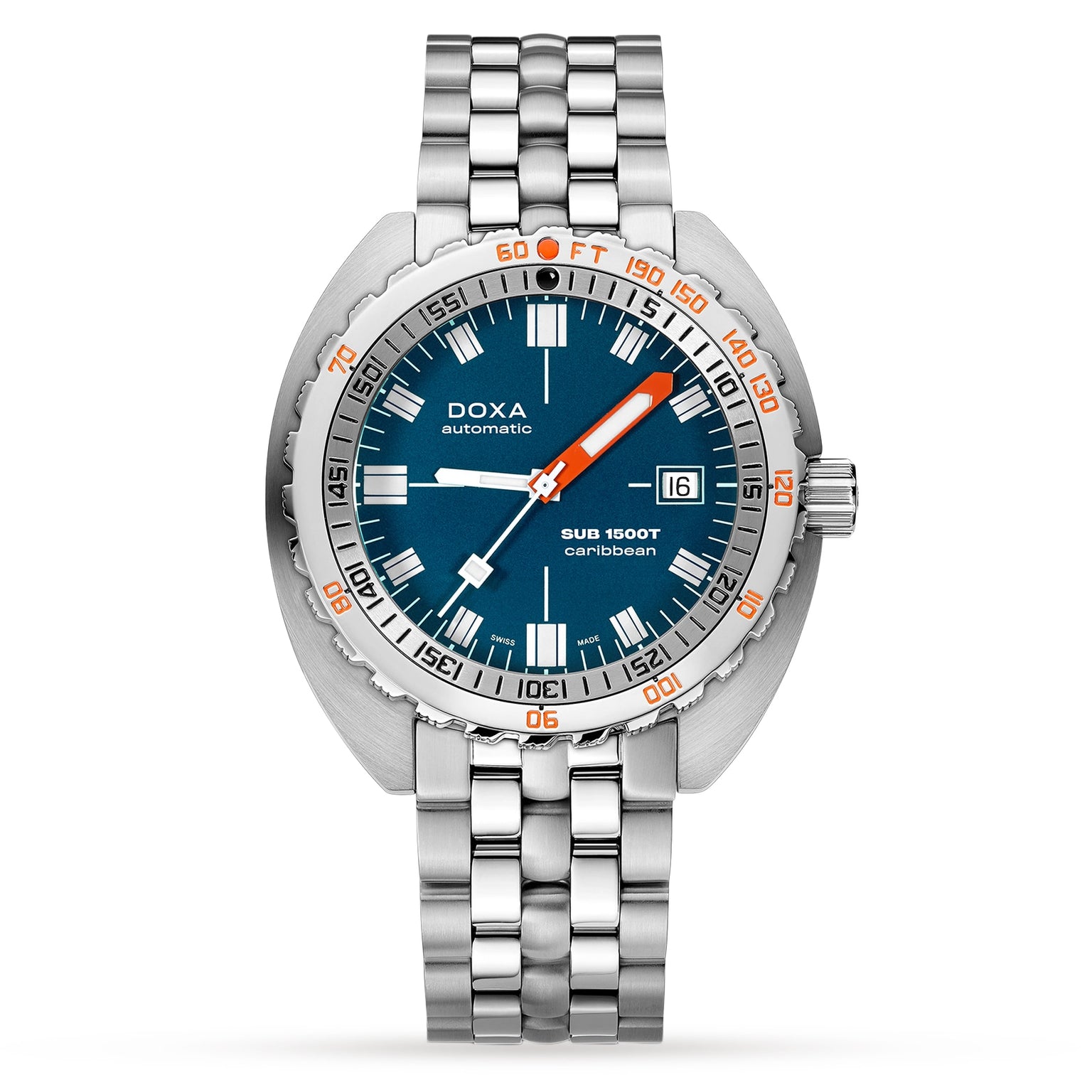 The DOXA Sub 1500T Caribbean is a stainless steel diver’s watch with a blue dial, date at 3 o’clock, orange and white accents, Super-LumiNova markers, and a metal link bracelet.