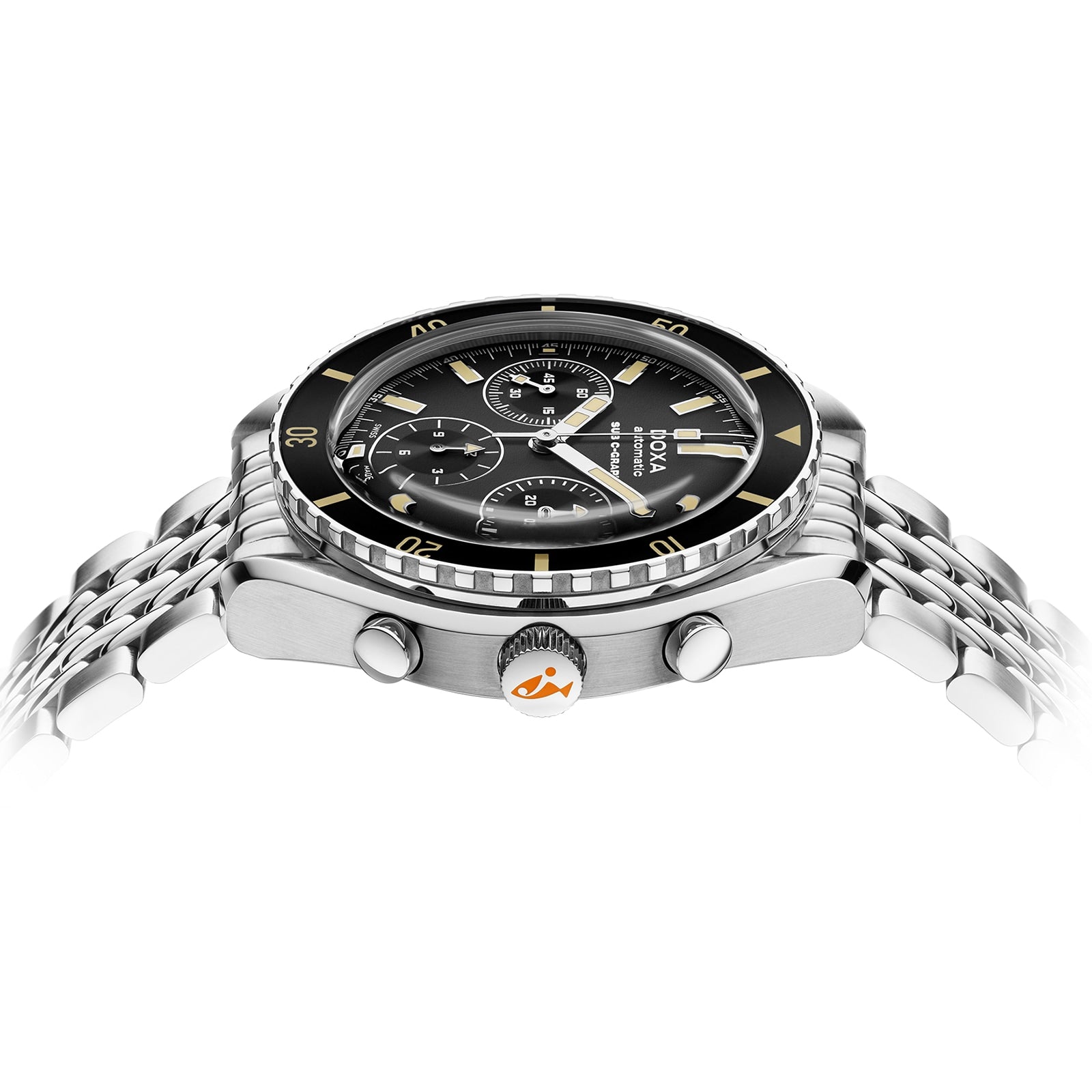 A close-up side view of the DOXA Sub 200 C-Graph Sharkhunter wristwatch featuring a stainless steel case, black and gold bezel, three chronograph subdials, and a metal link band.