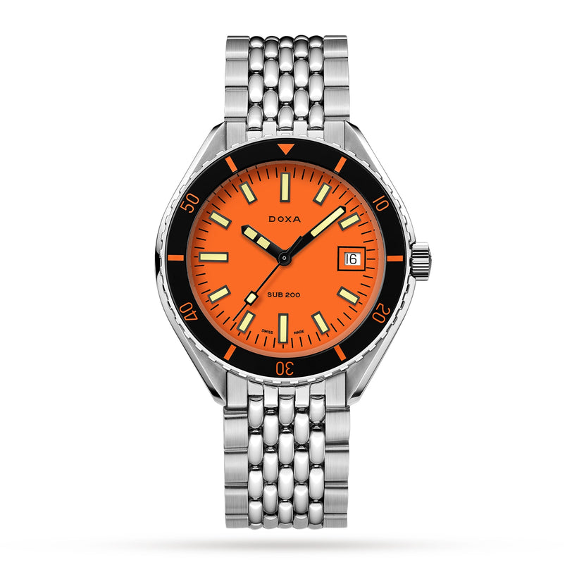 The DOXA Sub 200 Professional is a 316L stainless steel divers watch with an orange dial, black unidirectional bezel, silver hour markers, date at 3 oclock, and a metal link bracelet.