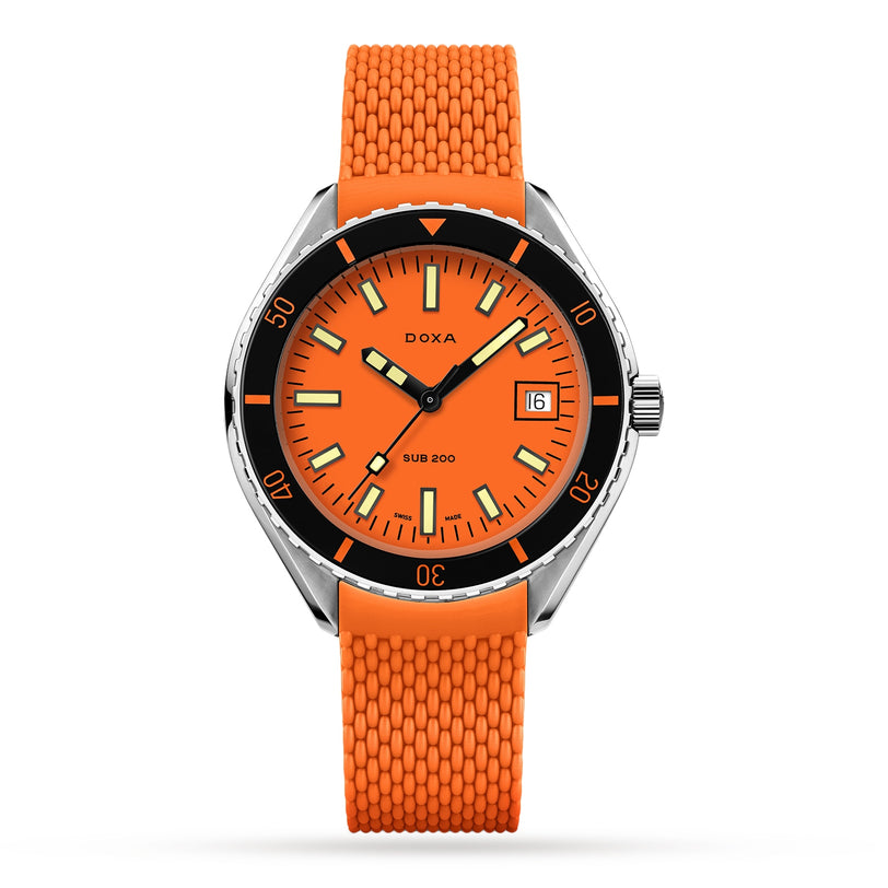 A DOXA Sub 200 Professional diver’s watch with an orange dial, matching textured strap, black unidirectional bezel, and date set to the 16th is displayed on a white background.