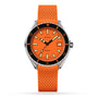 A DOXA Sub 200 Professional diver’s watch with an orange dial, matching textured strap, black unidirectional bezel, and date set to the 16th is displayed on a white background.