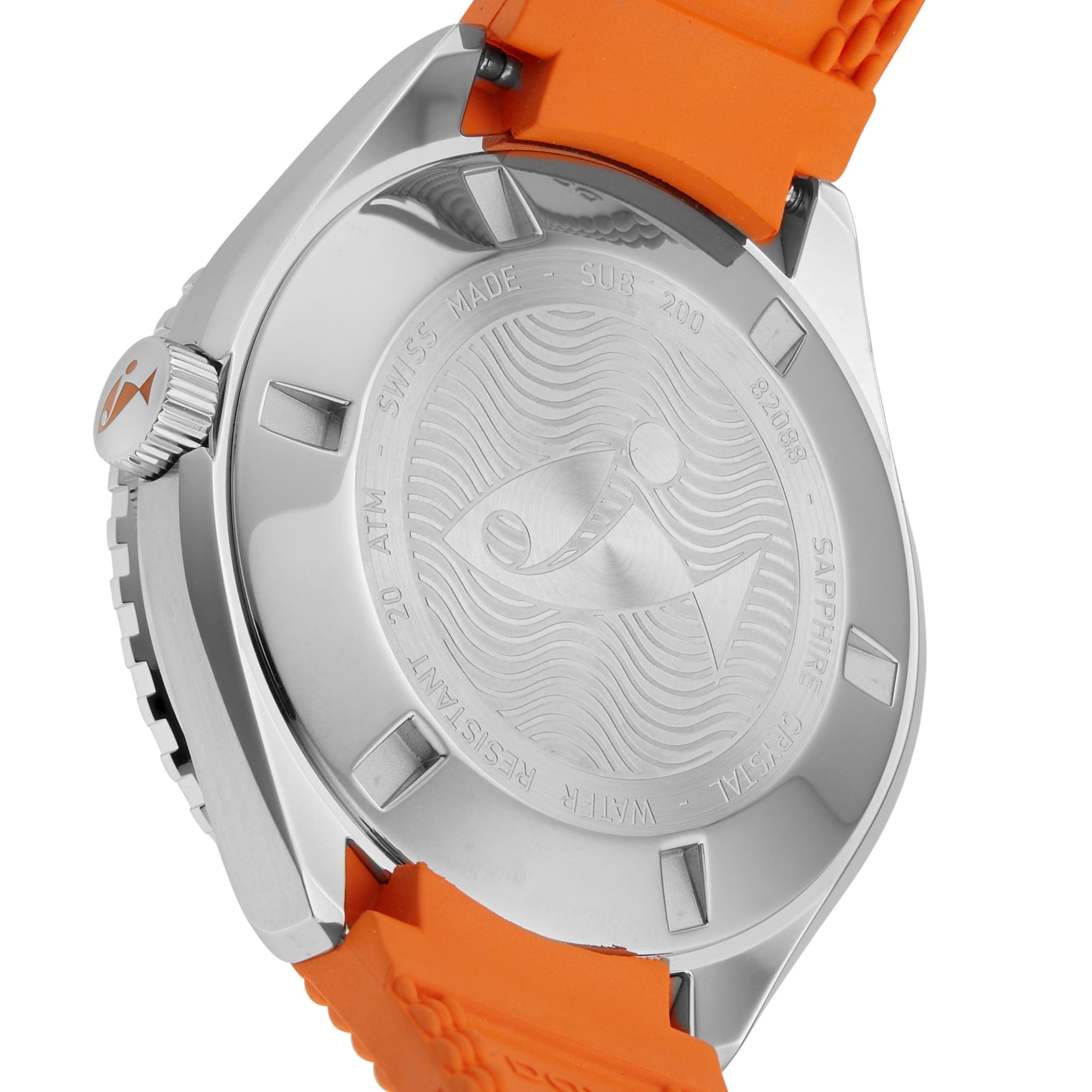 The Sub 200 Professional by DOXA features a 316L stainless steel case back with an engraved fish design and detailed specs, paired with an orange strap.