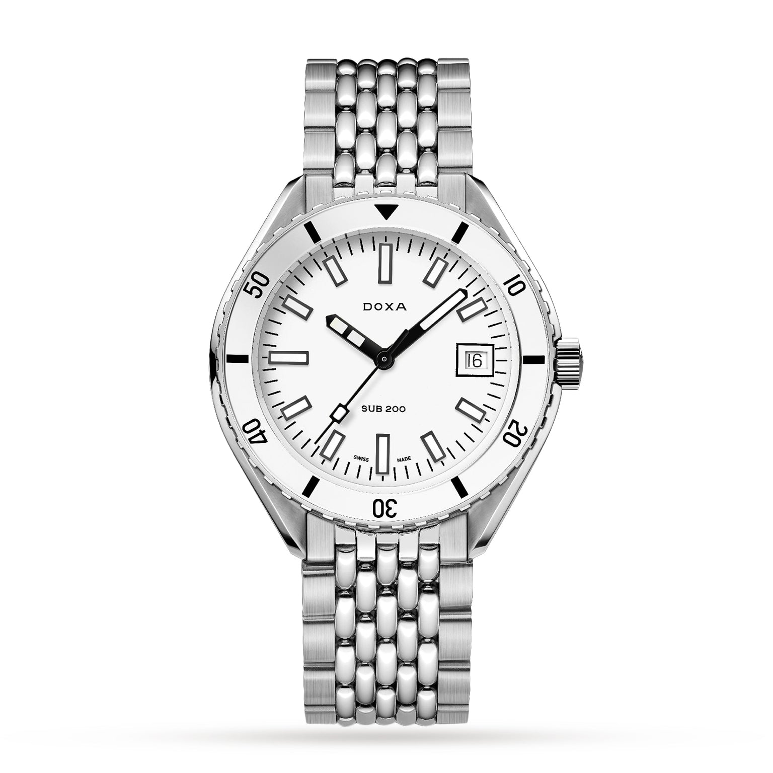 The DOXA Sub 200 Whitepearl is a stainless steel diver’s watch with a white dial, black hour markers, date at 3 o’clock, and a metal link bracelet, shown elegantly against a white background.