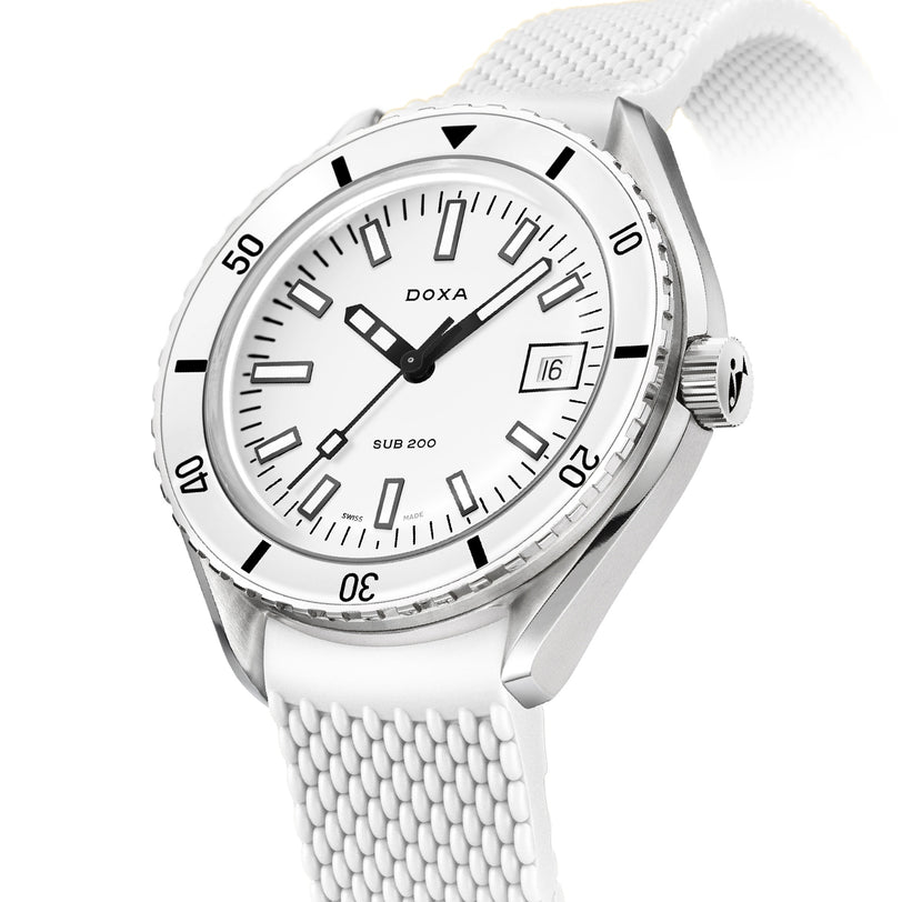 The DOXA Sub 200 Whitepearl divers watch features a white dial with black markers, a date window at 3 oclock, and a textured white strap, all showcased on a white background.