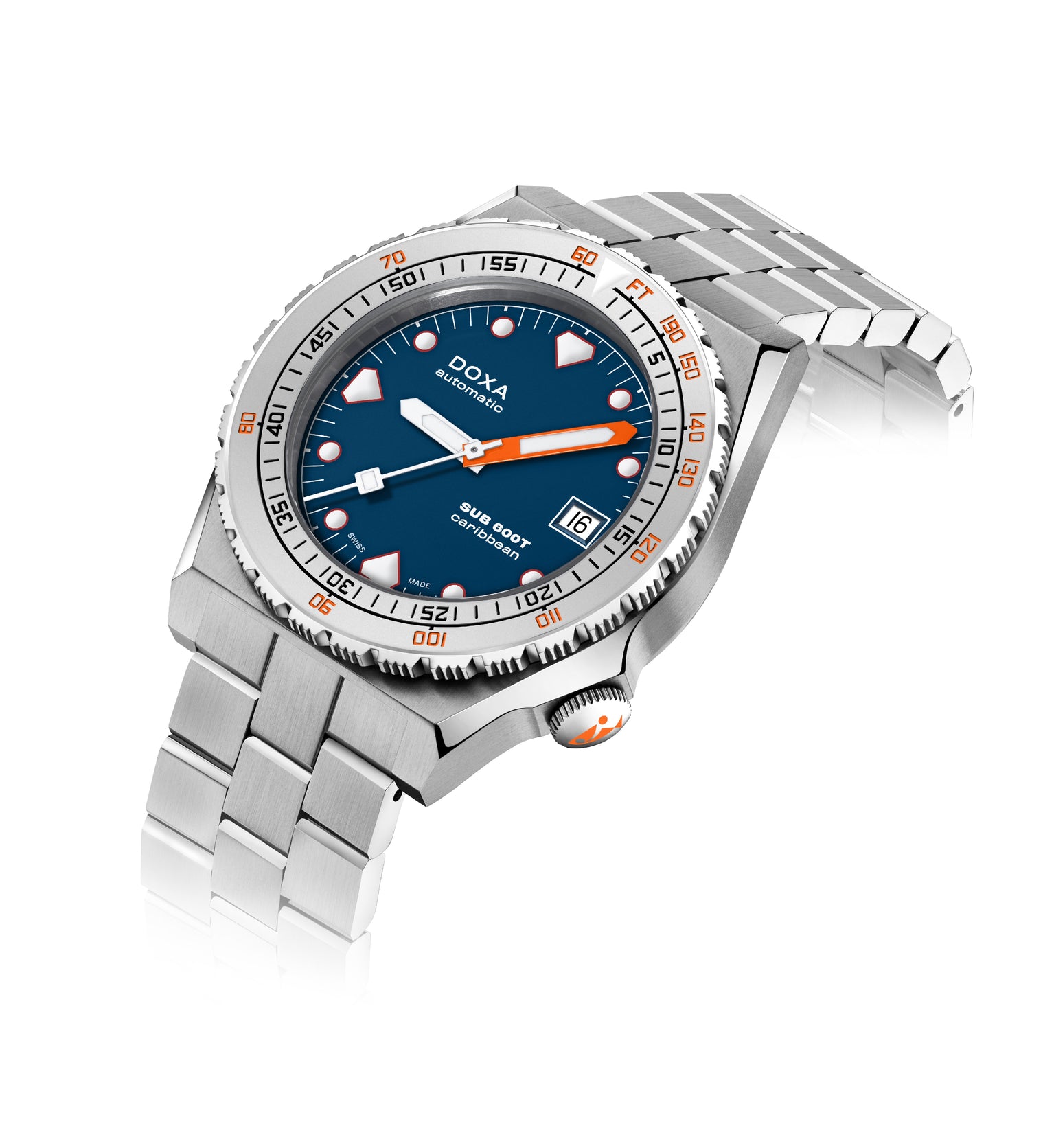 A DOXA Sub 600T Caribbean dive watch in stainless steel features a blue dial with orange accents, a date window at 3 o’clock, and a metal bracelet, displayed at a slight angle on a white background.