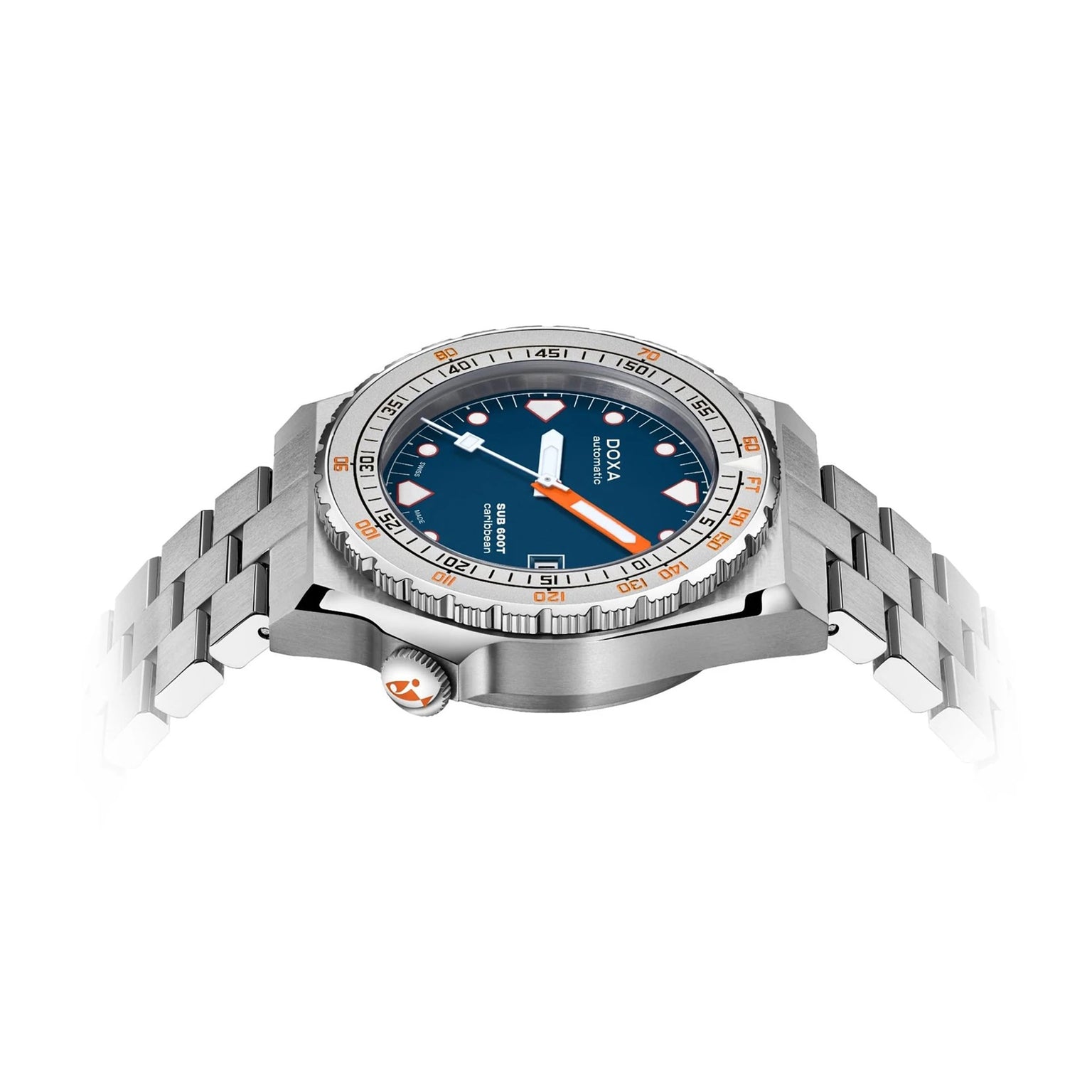 The DOXA Sub 600T Caribbean is a stainless steel dive watch featuring a blue dial with orange accents and a metal bracelet, viewed from a low angle on a white background—a bold addition to the DOXA collection.