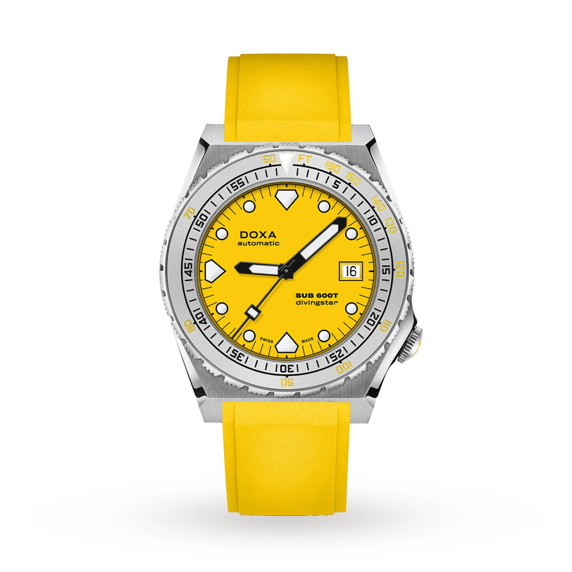 The DOXA SUB 600T Divingstar is a yellow dive watch featuring a matching strap, date display, and bold geometric hour markers.