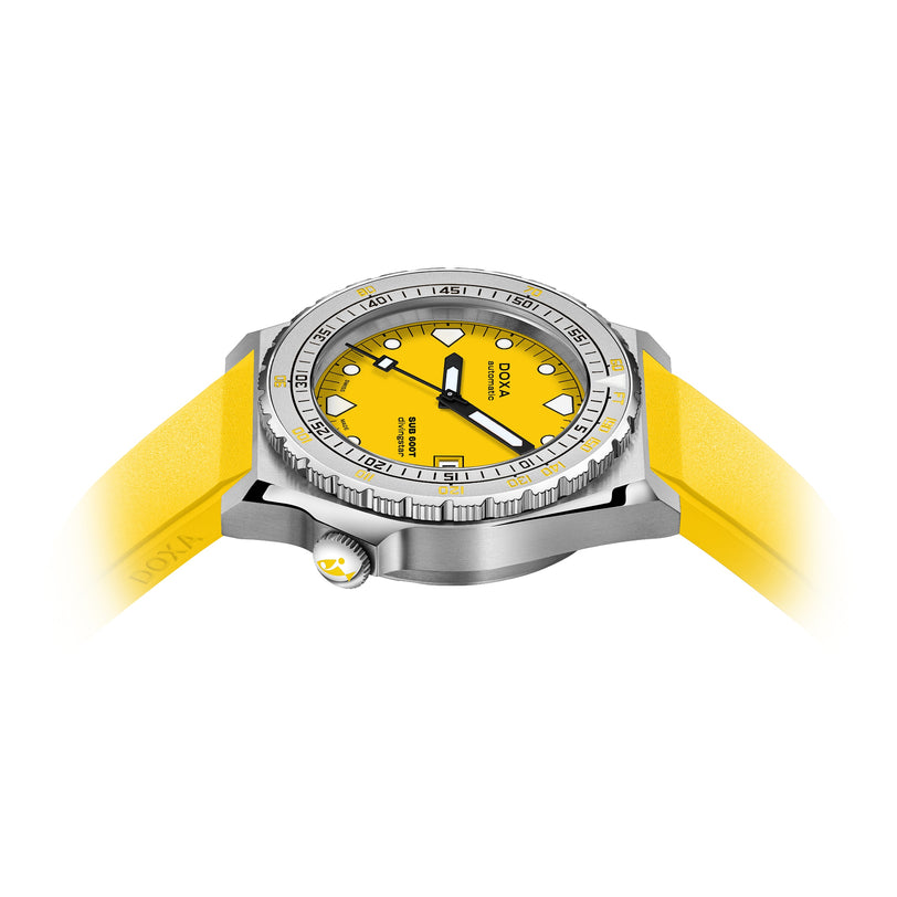 The DOXA SUB 600T Divingstar, featuring a bright yellow face and matching strap, is displayed at an angle on a white background.