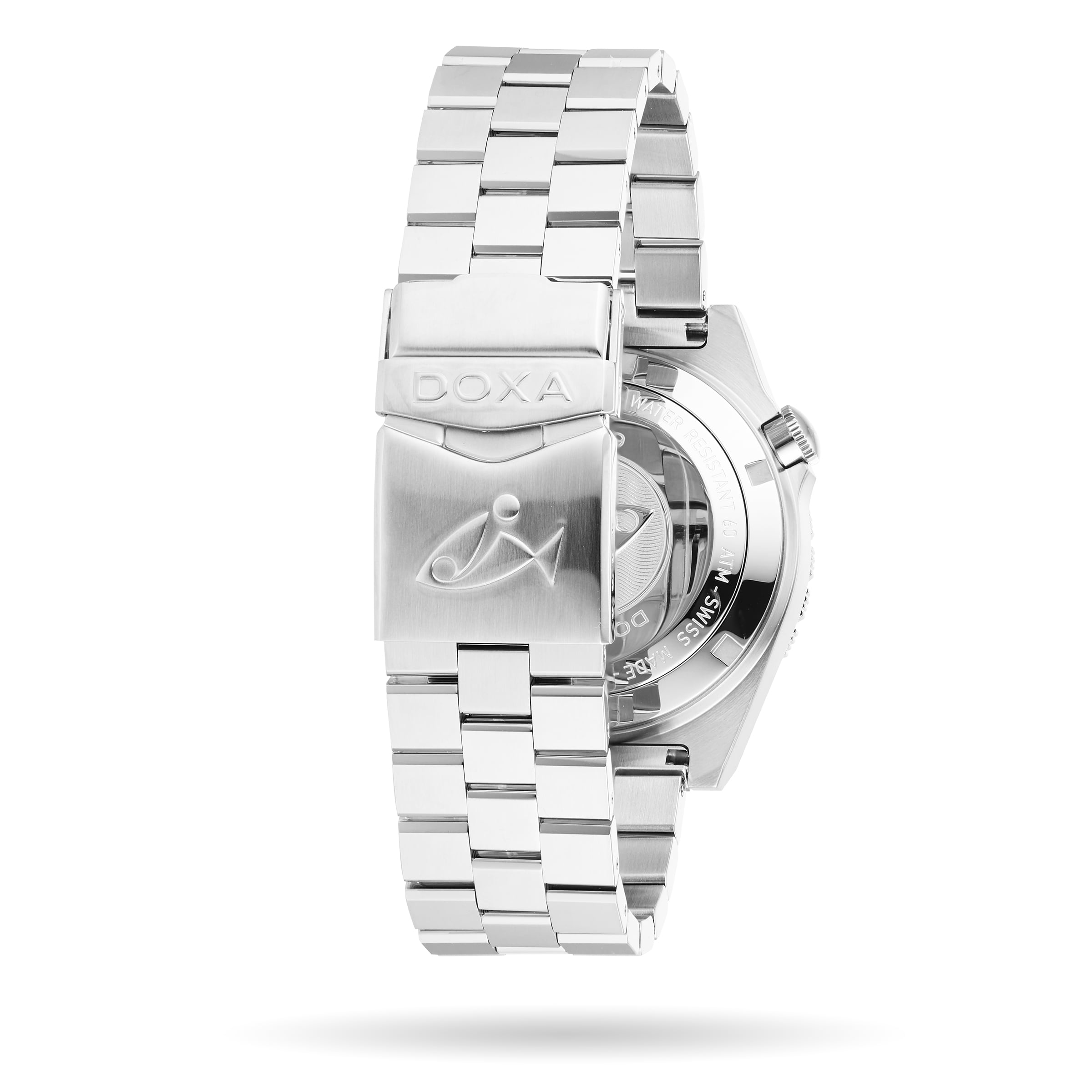 A close-up of the stainless steel clasp on the DOXA Sub 600T Professional dive watch, featuring DOXA engraved above a fish logo, with part of the case back also visible.