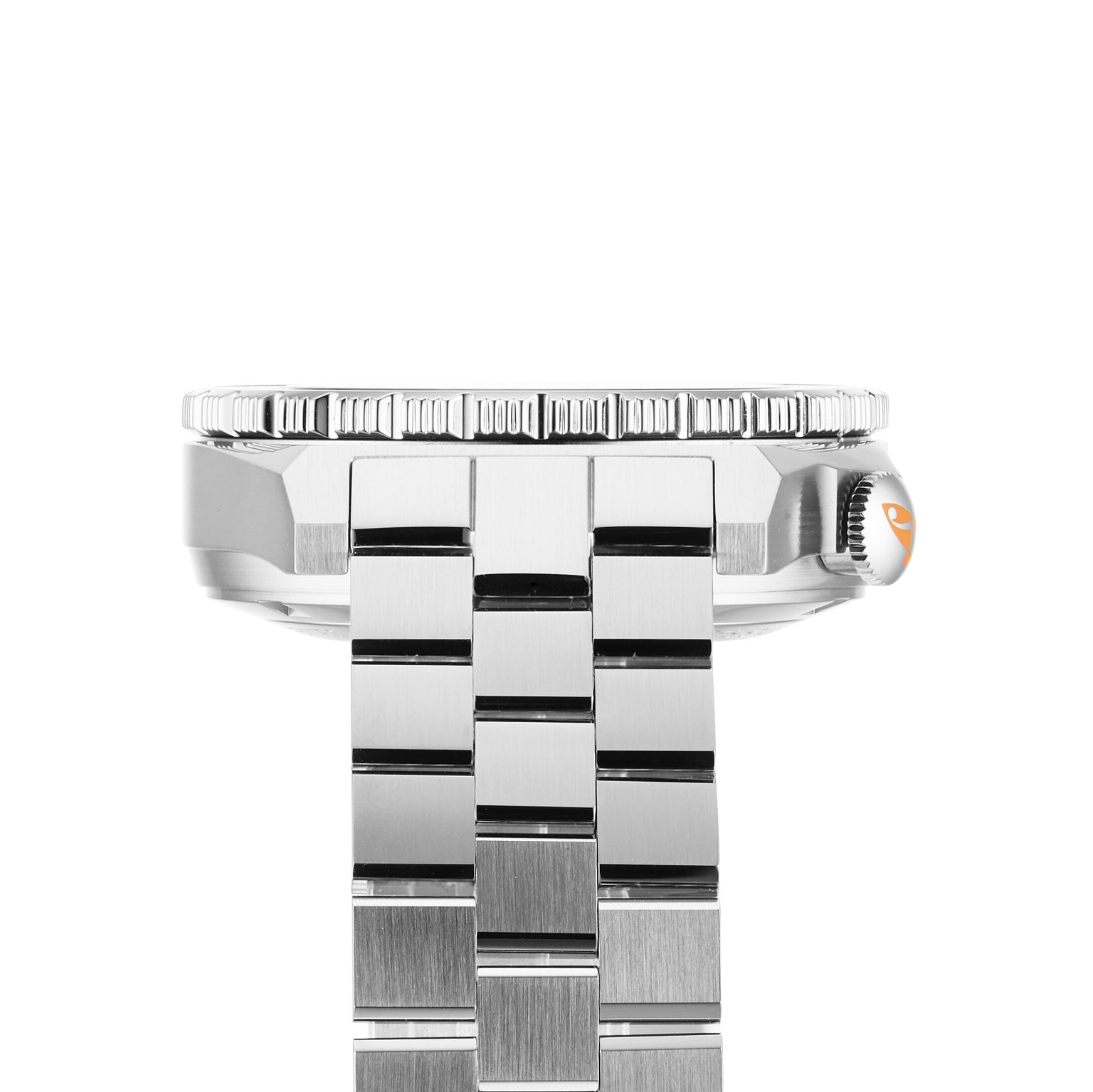 Side view of the DOXA Sub 600T Professional dive watch in stainless steel with a metal link bracelet and textured bezel, highlighting the crown detail on the right.