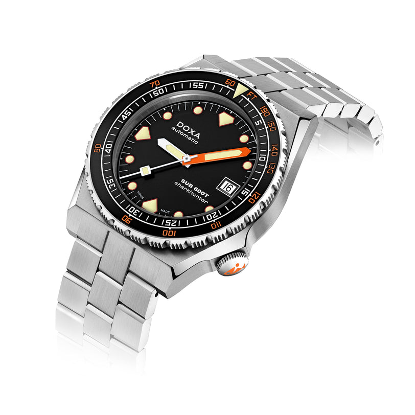 A stainless steel DOXA Sub 600T Sharkhunter dive watch with a black dial, orange accents, date display, and rotating bezel is photographed on a white background.