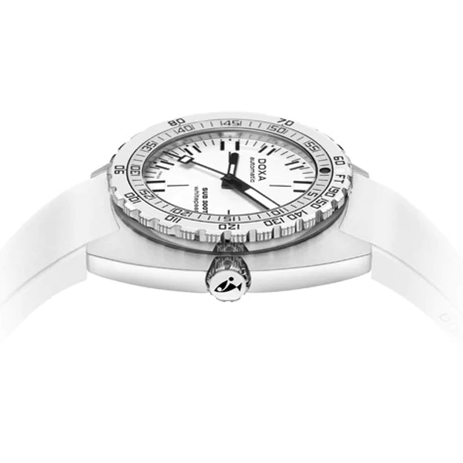 The DOXA Sub 300T Whitepearl diver’s watch features a white band, silver bezel, and black markers, displayed from a low side angle on a plain white background.