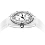 The DOXA Sub 300T Whitepearl diver’s watch features a white band, silver bezel, and black markers, displayed from a low side angle on a plain white background.