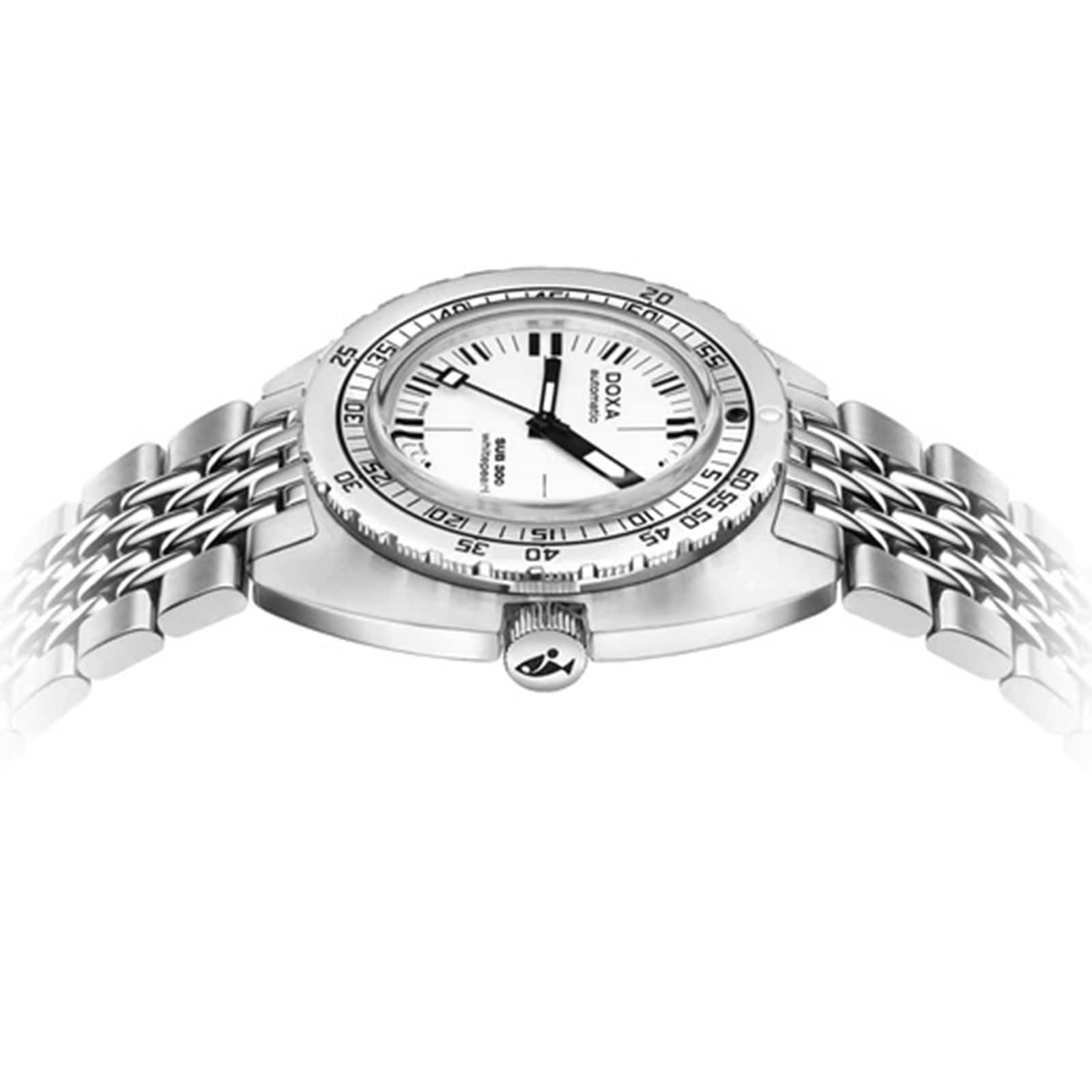 The DOXA Sub 300 Whitepearl is a silver wristwatch with a white dial, black hour markers, and a metal bracelet, shown from the side. Its water-resistant design ensures lasting durability.